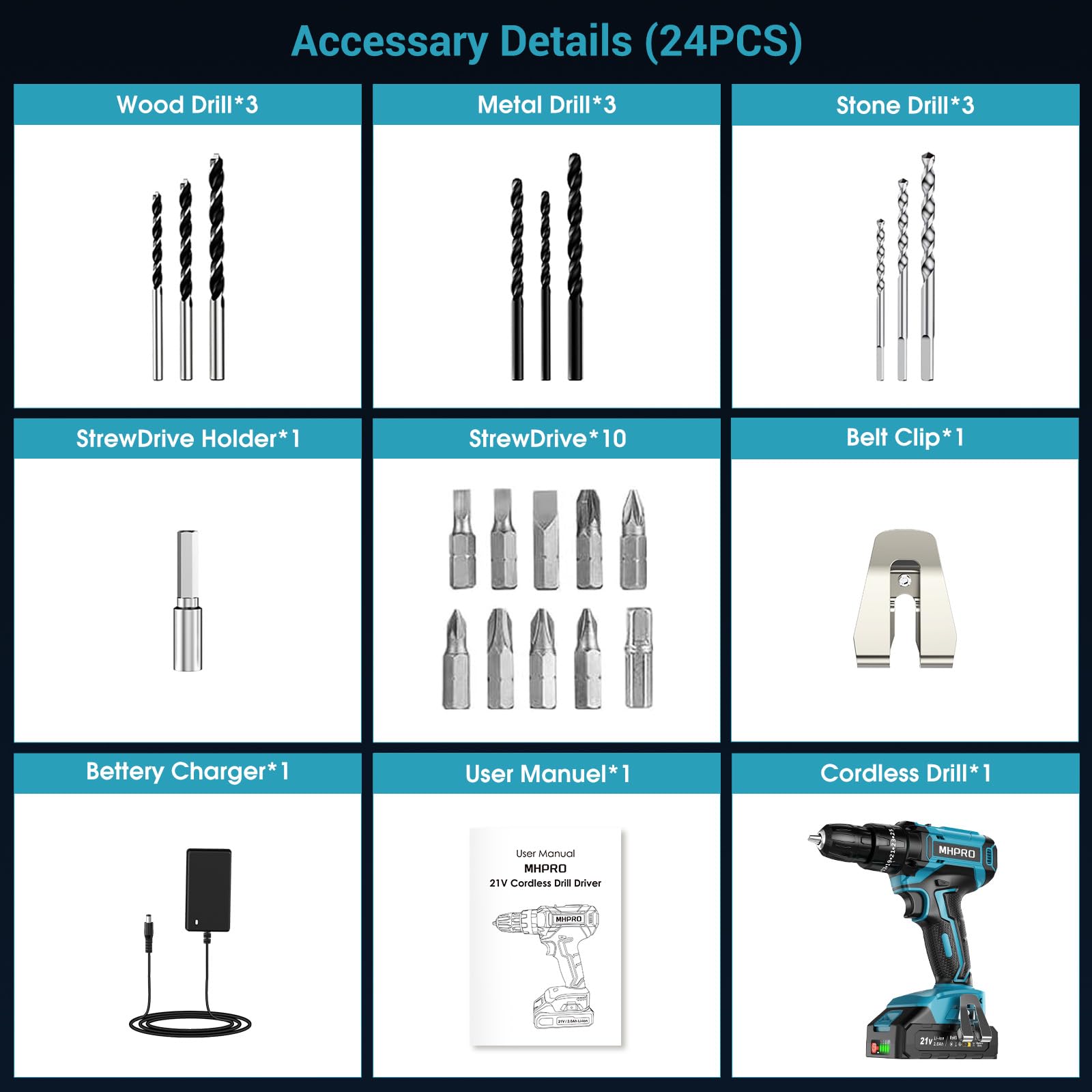 MHPRO Perceuse Visseuse Sans Fil 21V, Visseuse Devisseuse avec Batteries 2.0Ah, 42N.m Percussion, 25+3 Réglages de Couple, 24 Accessoires, 2 Vitesses, LED, pour Projet de Bricolage