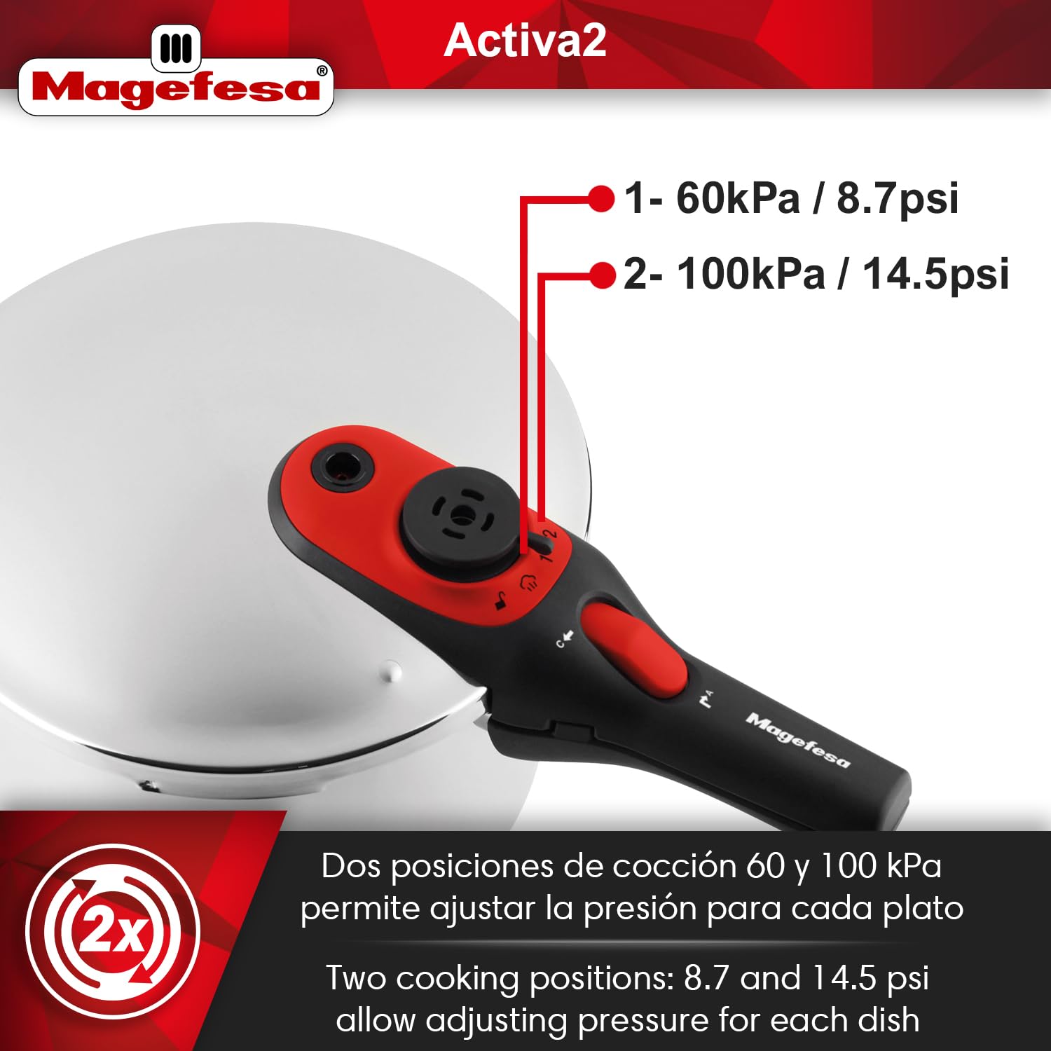 Magefesa Activa2 - Olla Express Rápida de 5 Litros, Acero Inoxidable 18/10, 2 Programas de Cocción, Apta para Todo Tipo de Cocinas, Inducción