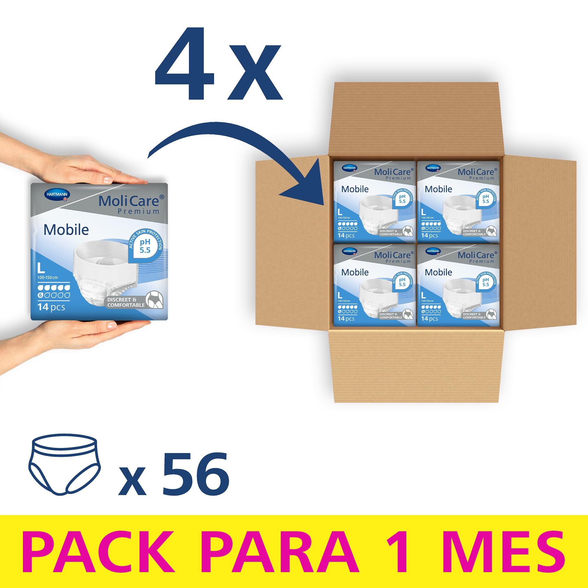 MoliCare Mobile: Pañales para Adultos con Incontinencia, Ropa Interior Absorbente para Hombres y Mujeres, talla L, 14 unidades - Pack de 4