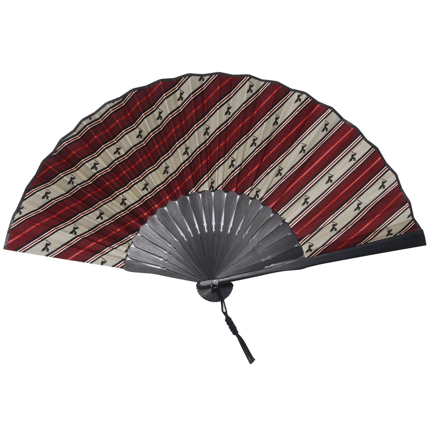 FORTUNA Tokyo Folding Hand Fan with Pouch Jacquard Woven Silk Bamboo -16. Samurai- Samurai Stripe Pattern Made in Japan (Red)
