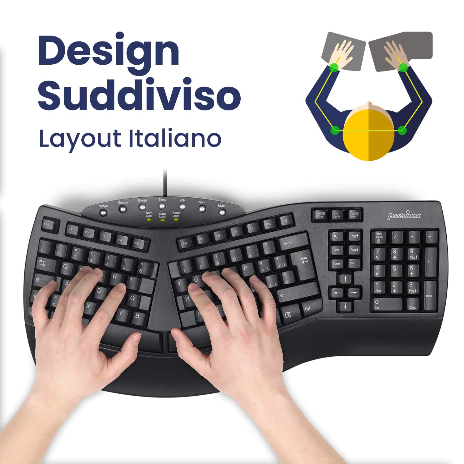 Perixx PERIBOARD-512 Tastiera Split Ergonomica Cablata USB, Design Suddiviso, con 7 Tasti Multimediali e Poggiapolsi Incorporato, QWERTY Italiana, Nera