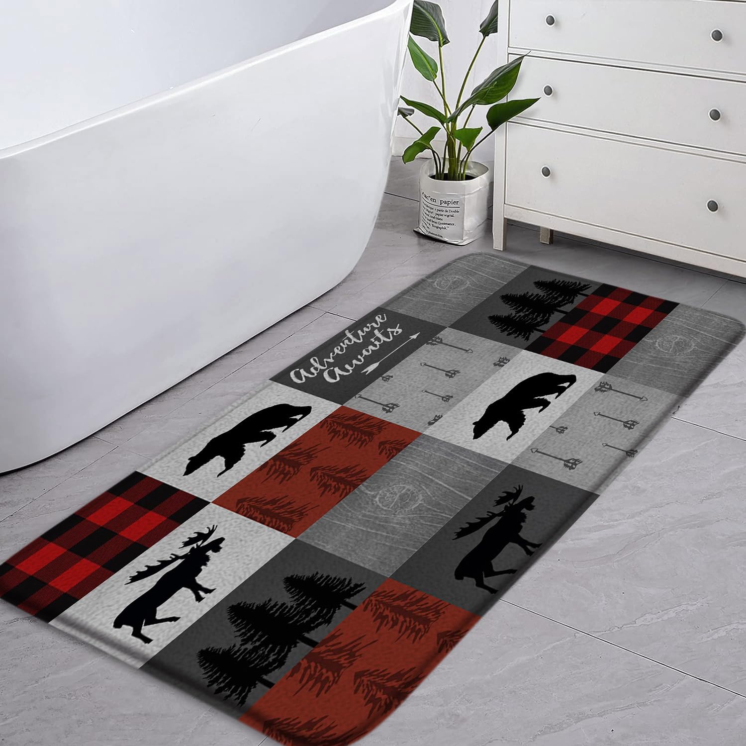 JEJOMEAG Retro Rustic Cabin Bath Mat Red Black Buffalo Check Bear Moose Deer Elk Forest Hunting Memory Foam Soft Doormat Kitchen Bathroom Mat/Rugs,