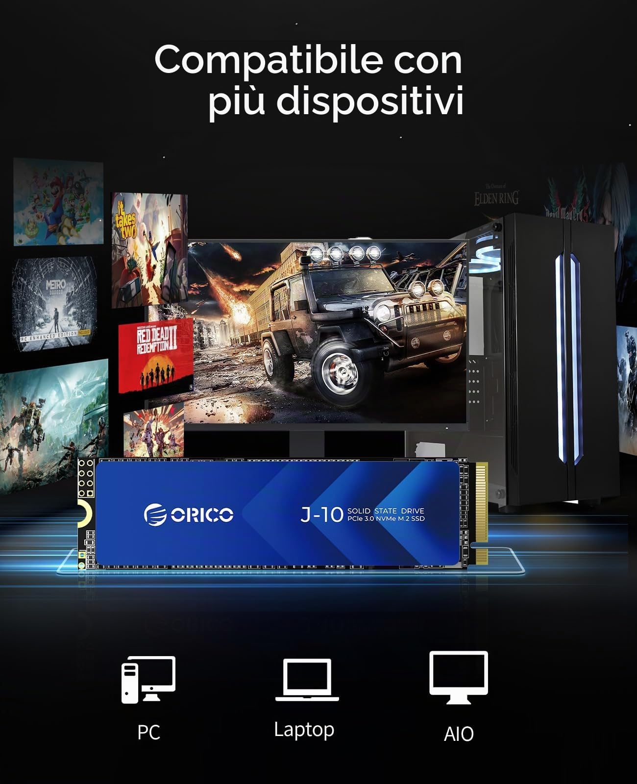ORICO 512G NVMe SSD PCIe Gen3.0x4 2280, 3D NAND M.2 SSD (con Dissipatore di Calore), Velocità fino a 3100 Mo/s, Unità a Stato Solido Interne per Studenti/Creativi di Contenuti- J10