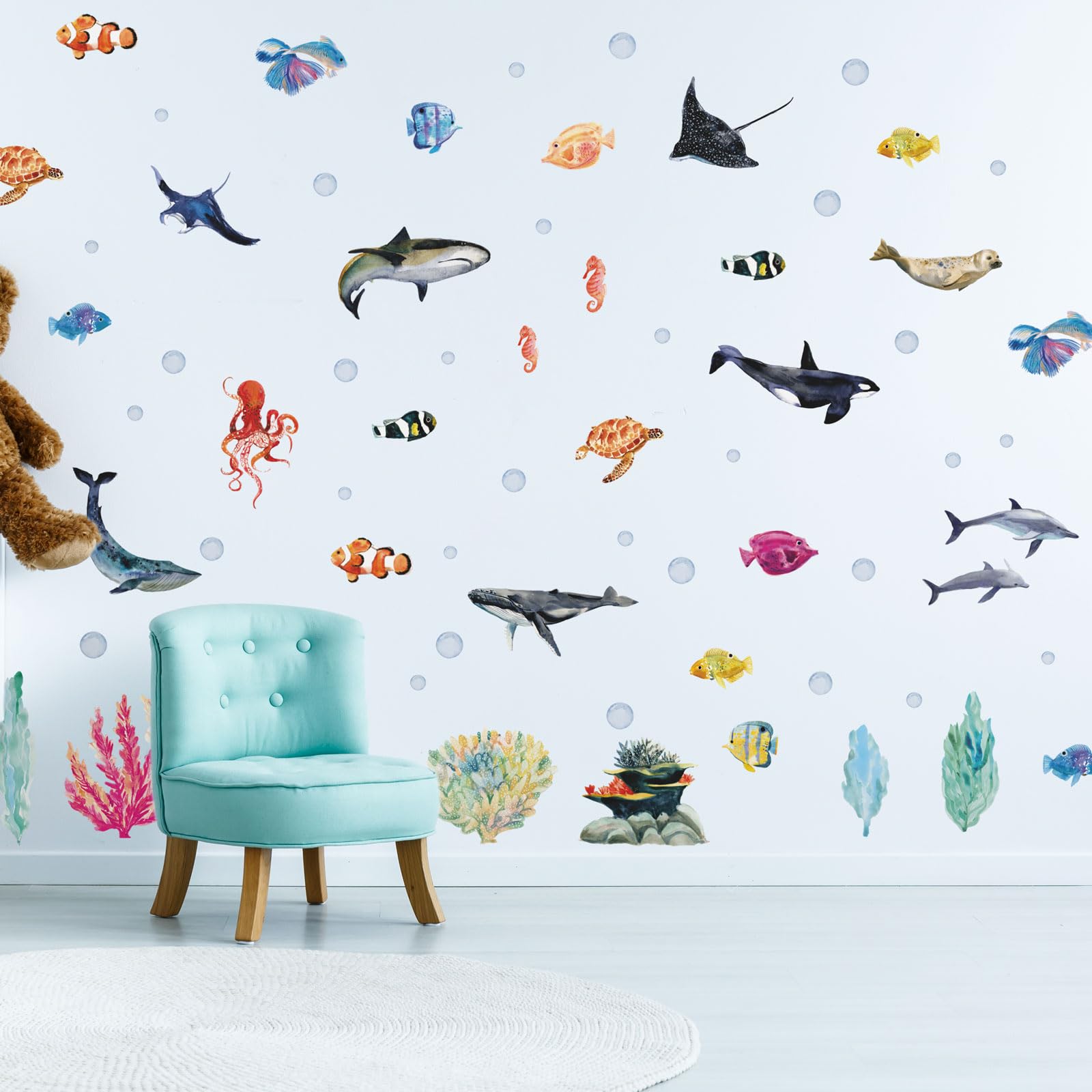 Under The Sea Wall Stickers – Underwater Theme Wall Decals for Kids Room, Easy to Apply & Removable, Ideal for Nursery & Playroom Decor