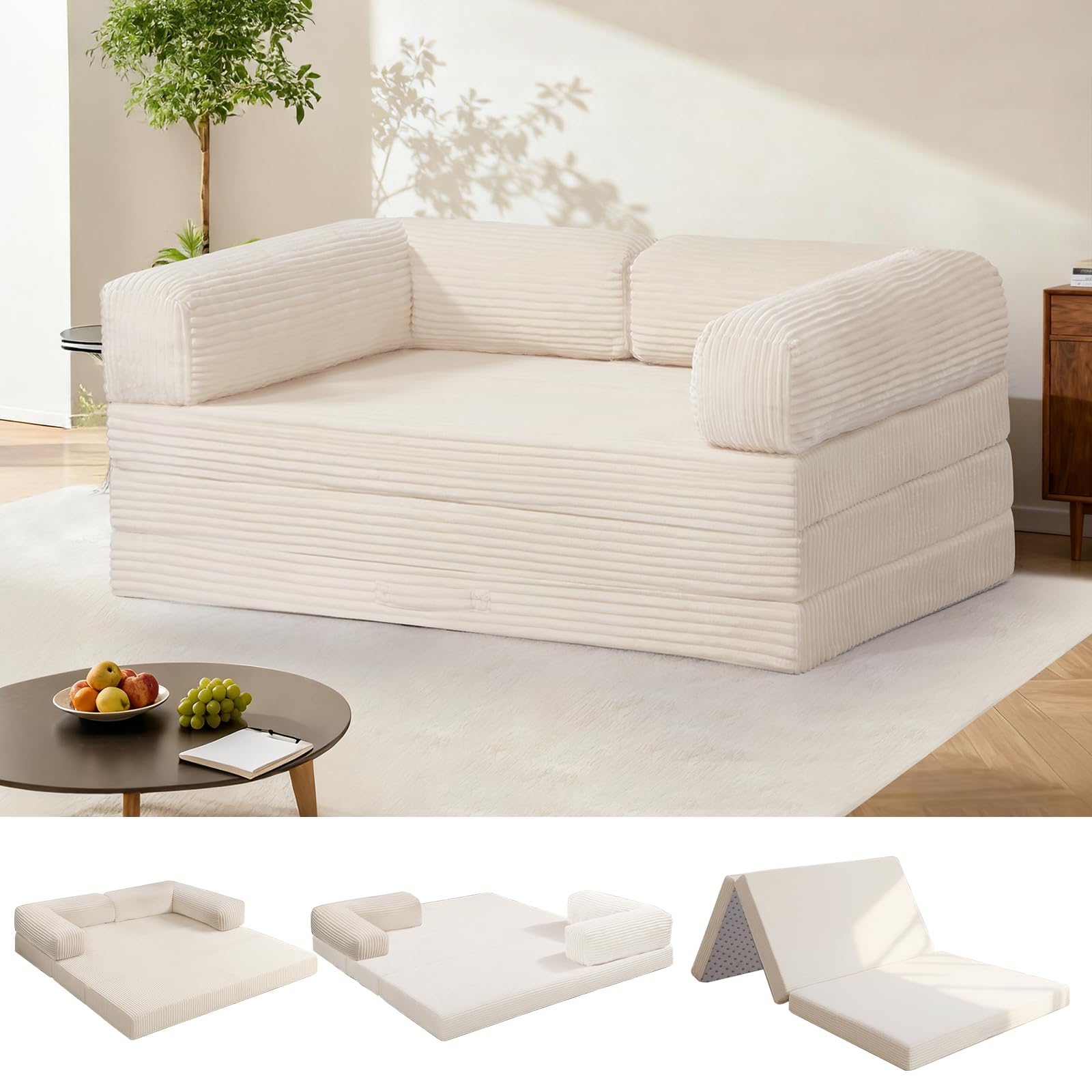 Tri-Fold Foldable Mattress, Convertible Folding Sofa Bed with Removable Arms & Washable Cover, All-in-One Portable Mattress Floor Sofa Bed, No Assembly Required & Non-Slip, Full Size, Beige