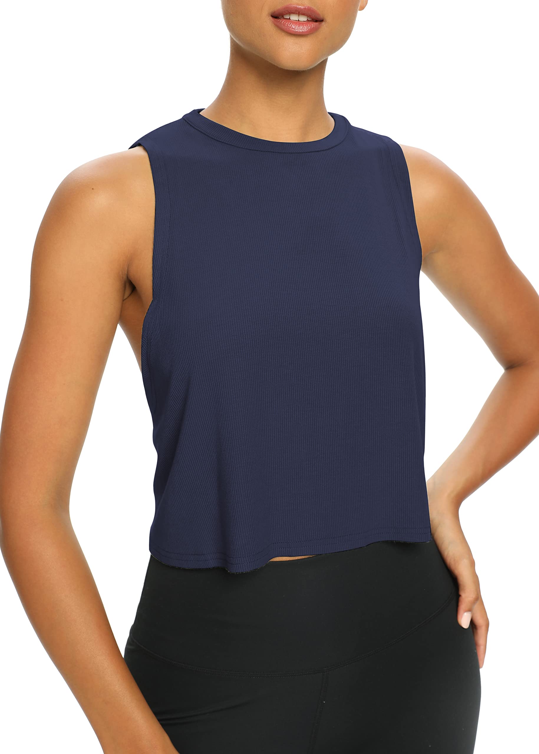 Bestisun Damskie topy treningowe luźny krój, zwiewne, przycięte bezrękawniki, koszulki sportowe z odkrytymi plecami, krótkie topy dla kobiet, granatowy, XL
