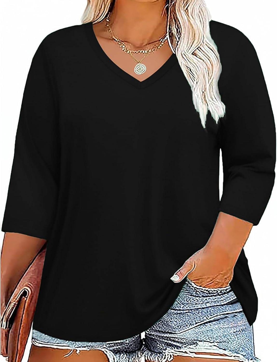 Plus Size V Neck 3/4 Sleeve Tops Women Shirts Tunic Loose Fit Casual Tee