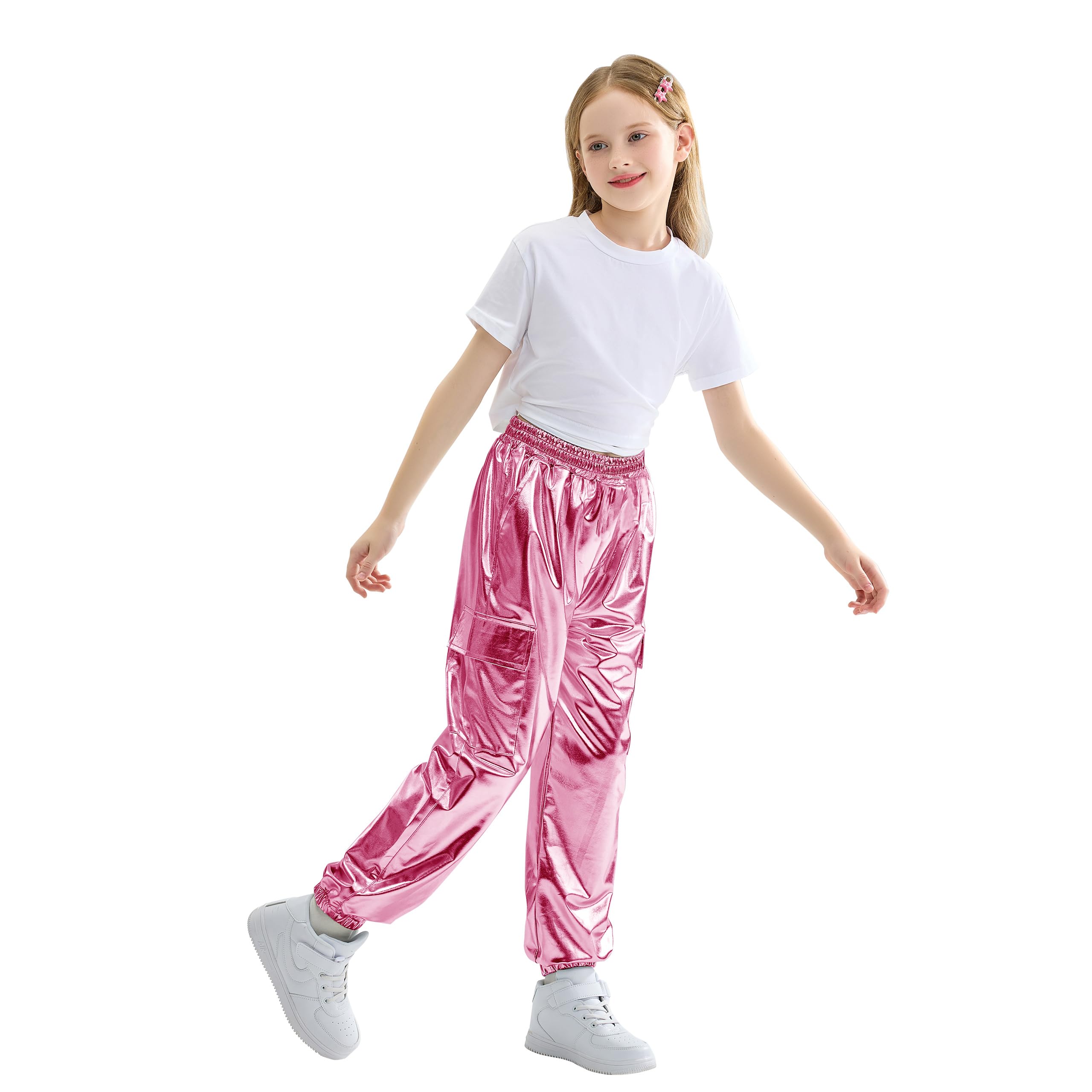 Rolanko Pantalones Cargo Niñas, Dance Hip Hop Pantalones Metálicos Brillantes Cintura Elástica Retro Streetwear