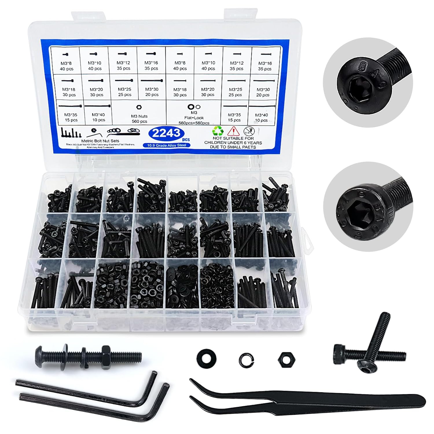 2243PCS Metric Screw Assortment Kit, M3 Bolts and Nuts Kit with Lock and Flat Washers, Hex Button Head Screws and Hex Socket Head Machine Screws Nuts and Bolts Assortment Kit