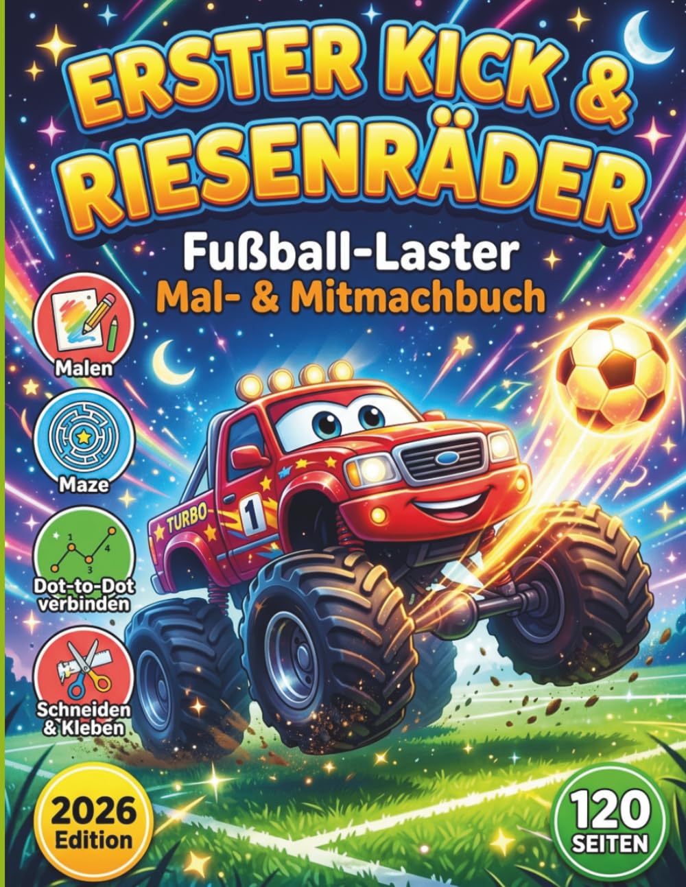 Erster Kick & Riesenräder: Fußball-Laster Mal- & Mitmachbuch für Kinder von 3–5 Jahren: Ausmalen, Labyrinthe, Punkt zu Punkt & kreative Spiele mit ... – Spaßiges Activity Buch für Jungen & Mädchen