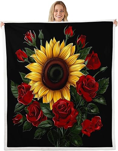 Manfei Manta de girasol amarillo, manta de cama con rosas rojas para decoración de habitación de niños y niñas, manta floral de hojas verdes en