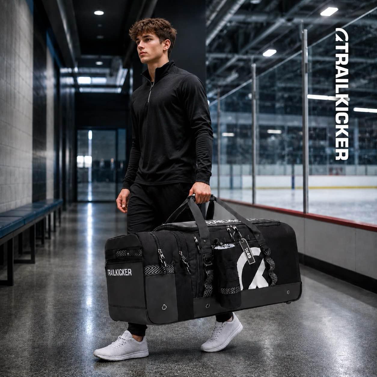 TRAILKICKER Sac de hockey extra large avec roues, sac de transport durable pour équipement de sport avec plusieurs poches, idéal pour le hockey sur glace et les équipements de sport, noir