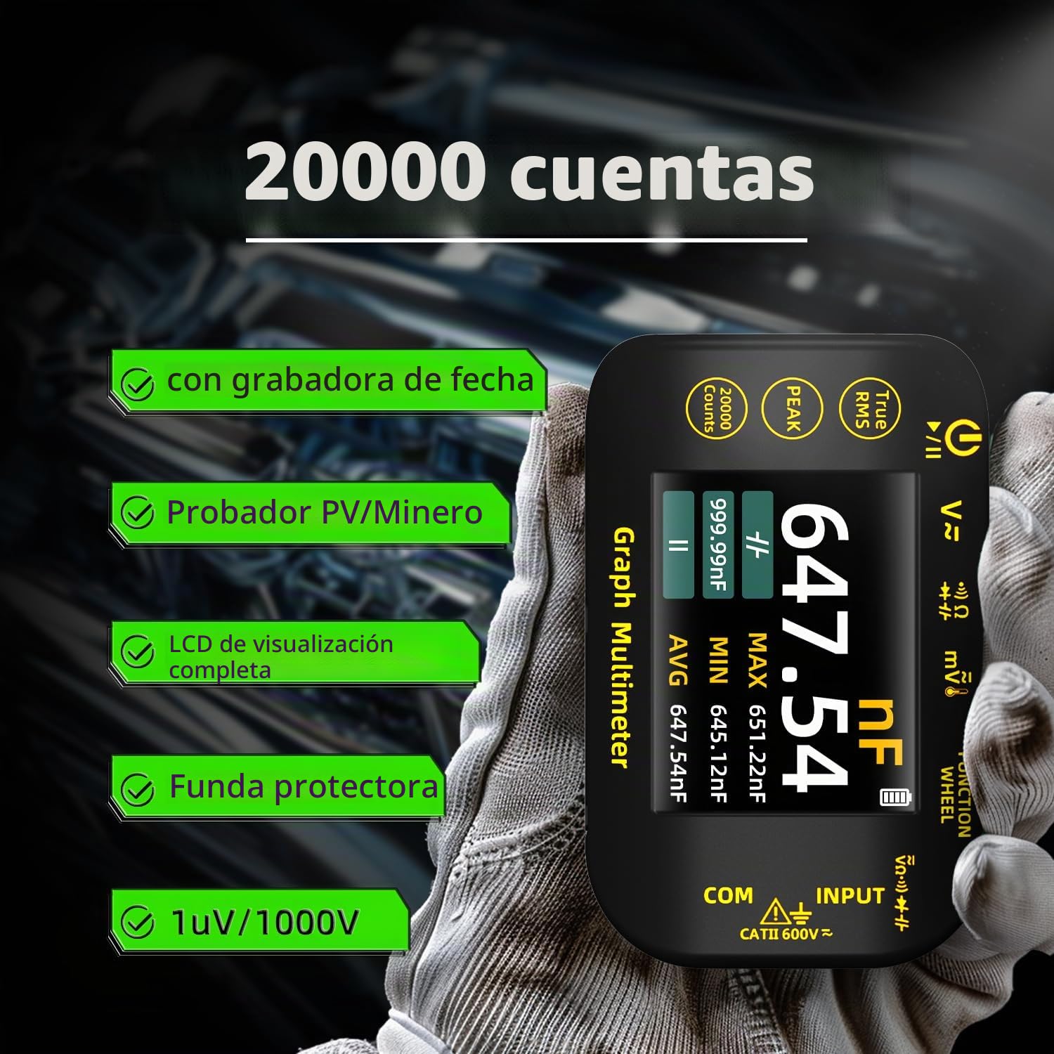 BSIDE Multímetro Digital 20000 Cuentas con Modo de Registro Multímetro TRMS 1000V de Bolsillo Recargable con LCD a Color y Soporte, Mide Voltaje Milivoltios AC Peak Capacidad Temperatura