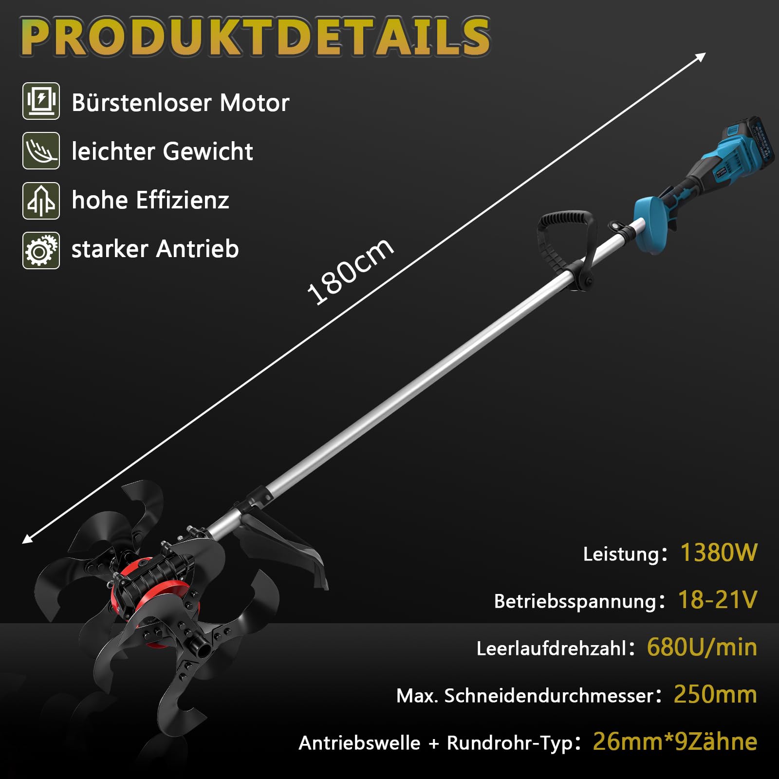 2-In-1 Akku-Bodenhacke Motorhacke mit 2 Akkus | Elektrisch Bodenfräse | 680 U/Min Bürstenloser Elektro Gartenfräse mit Arbeitsbreite 23 cm und Arbeitstiefe 25 cm für Rasen/Garten/Bodenbearbeitung