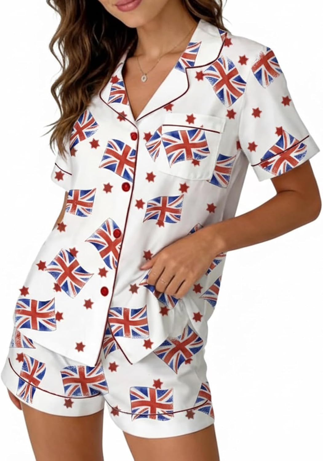 Women's 4th Of July Pajamas Set USA Flag Print Short Sleeve Shirt and Shorts Independence Outfits Summer Lounge Sets