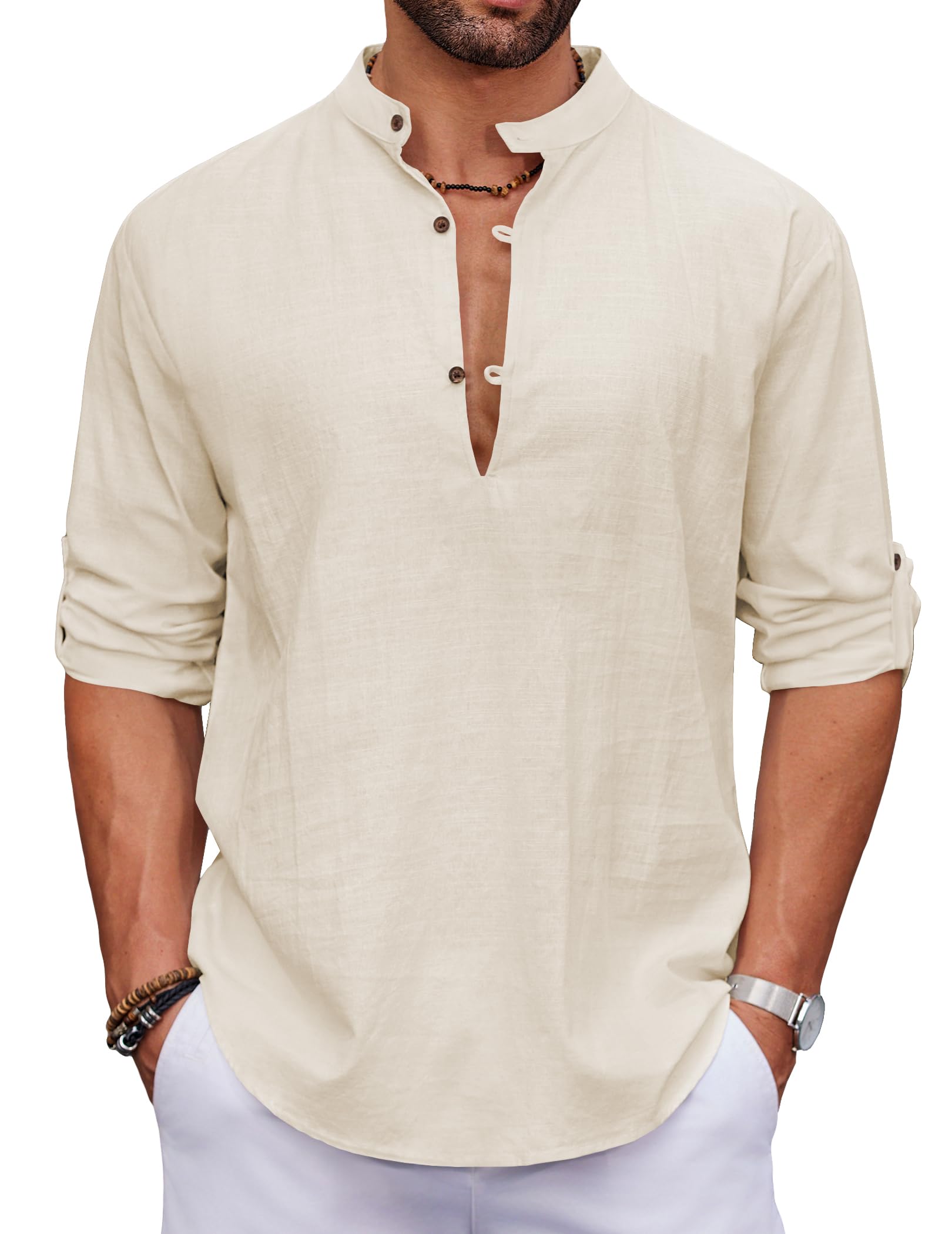 COOFANDY Men's Cotton Linen Henley Shirt Casual Beach Hippie Shirts Long Sleeve T-Shirts
