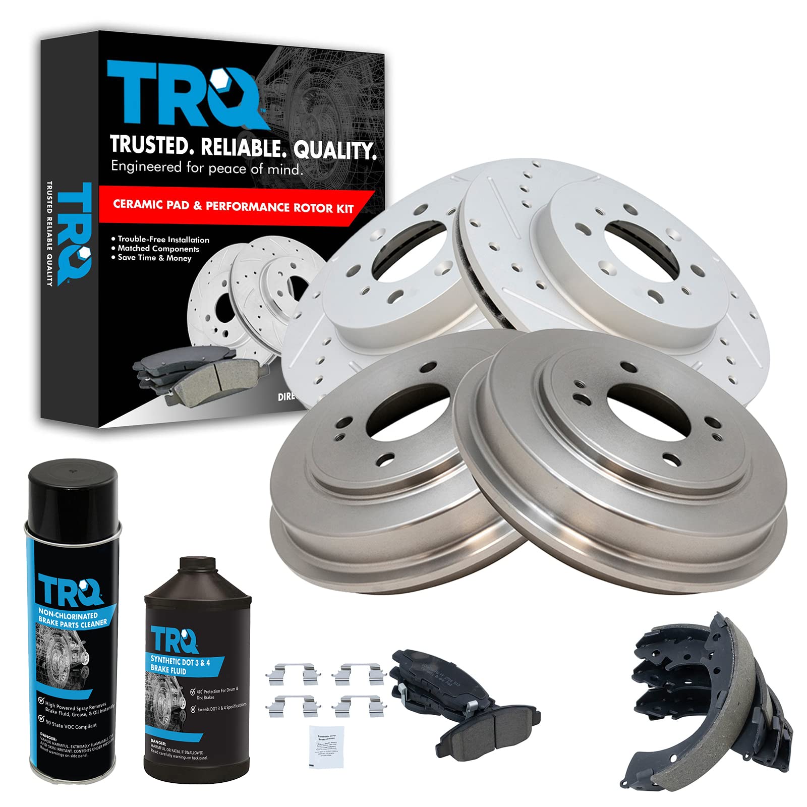 TRQ Front Ceramic Pads Rotors Rear Drums Shoes & Fluids Kit for Honda