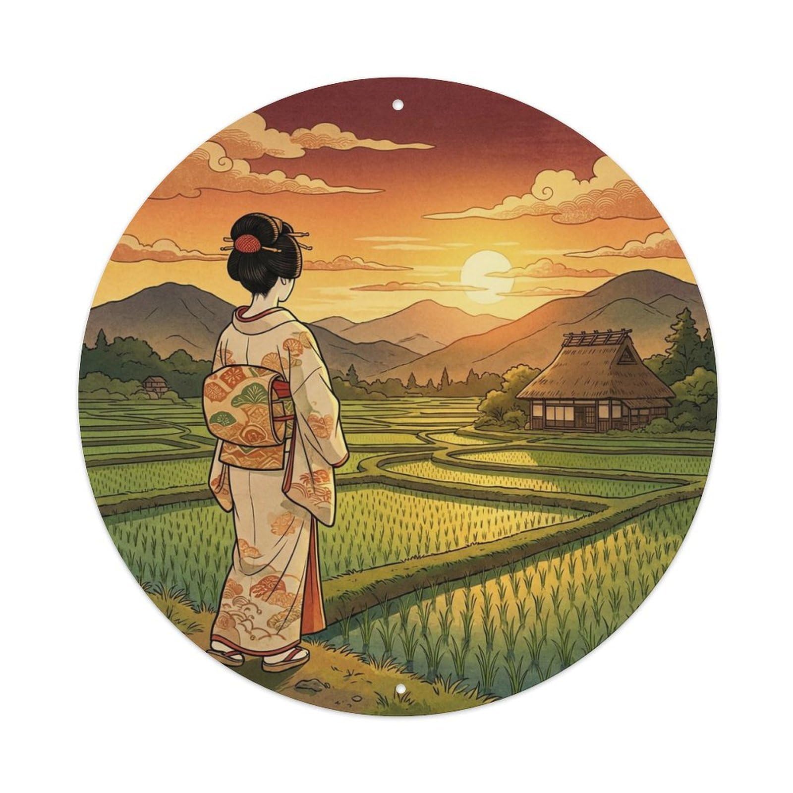 Japanese Geisha Rice Field Sunset Countryside Nostalgic View Metal Tin Sign
