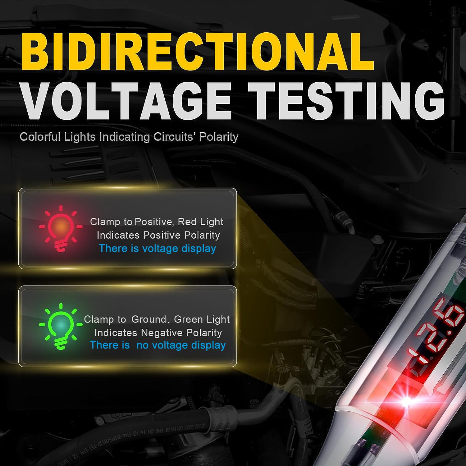 Greluma 1 Pieza Probador de circuito automotriz de 3-48V con voltímetro,luz de prueba de pantalla de retroiluminación LED resistente,probador de voltaje de DC bidireccional