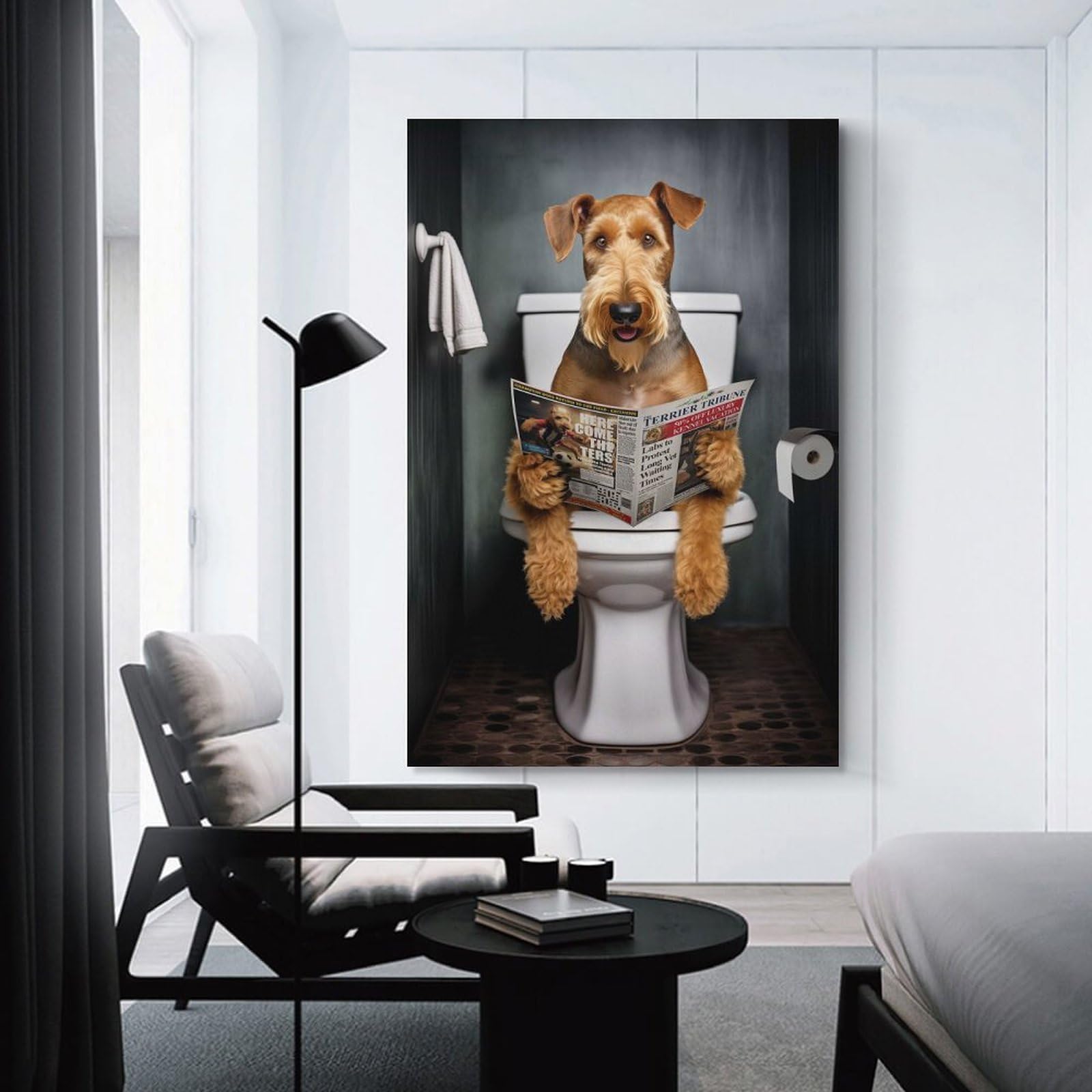 Junmoney Airedale Terrier on Toilet Room Decor Wall Art, 12x18inch(30x45cm), for Front Hall, Corridor Or Welcome Spaces, A Neat Decor Update for Hallways
