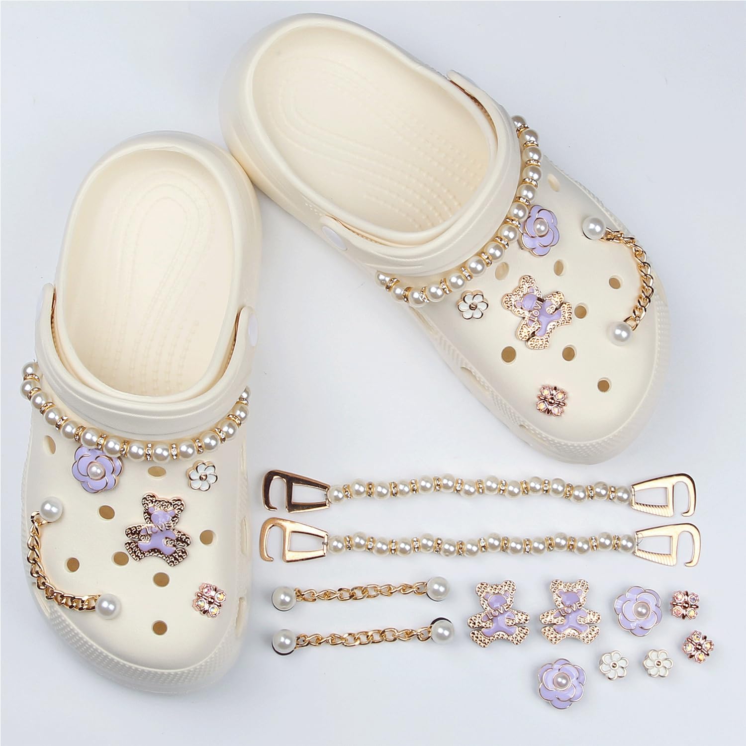 LEMONSTONE Crocs Charms Pins zestaw 12 sztuk, zdejmowane, urocze przypinki do butów z kwiatem, perłą, miś dla dzieci, dziewcząt i kobiet, błyszczące przypinki Croc (fioletowe)