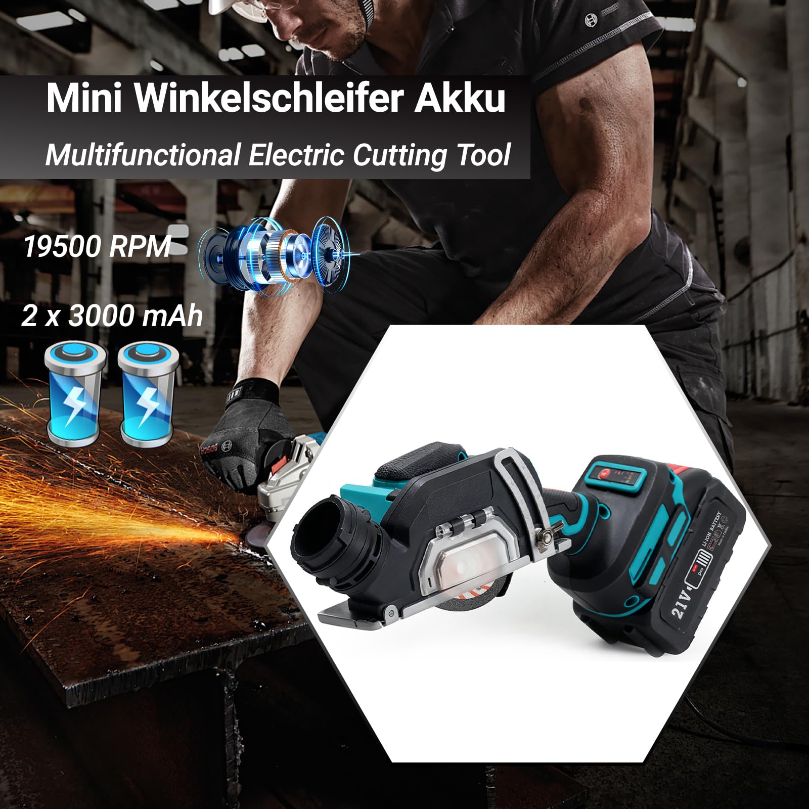 Mini Akku Winkelschleifer, Winkelschleifer Klein mit 2 x 3000mAh Akkus, 7 Trennscheiben und 5 Fächerscheiben 21 V, 19500RPM zum Schleifen und Schneiden für Metall, Fliesen, Kunststoff