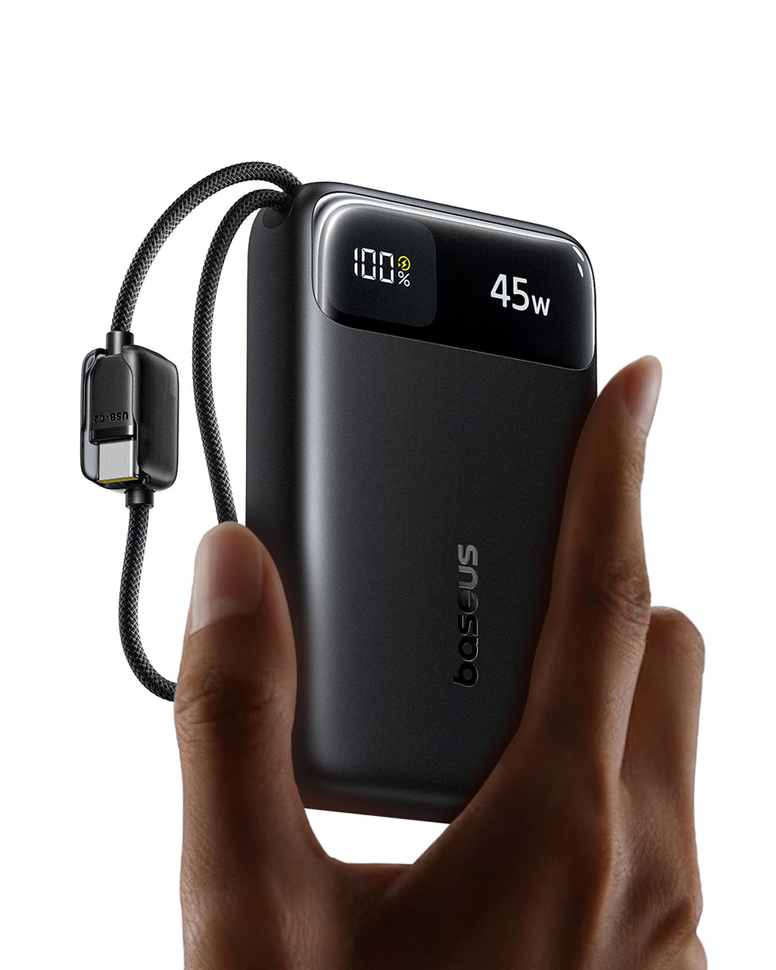 Baseus FC11 Powerbank 45W 20000mAh mit 2 Integriertem USB-C Kabel, Power Bank Klein CCC Zertifizierung mit LED Display, Externe Handyakkus Mini für iPhone 17/16/15/14 Pro Max, iPad, Samsung, Schwarz