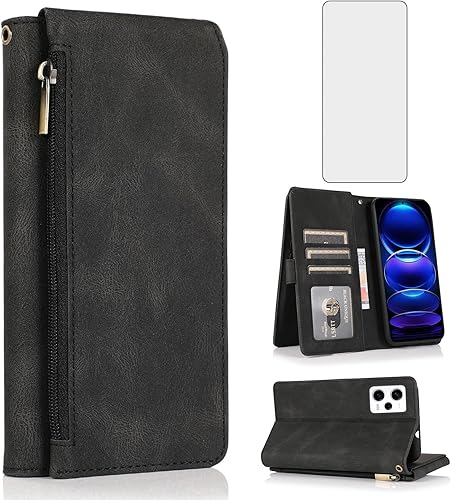 Compatible con Xiaomi Redmi Note 12 Pro PlusPro+ 5G Wallet Case Protector de pantalla y cremallera Funda de cuero retro Flip Cover Titular de la