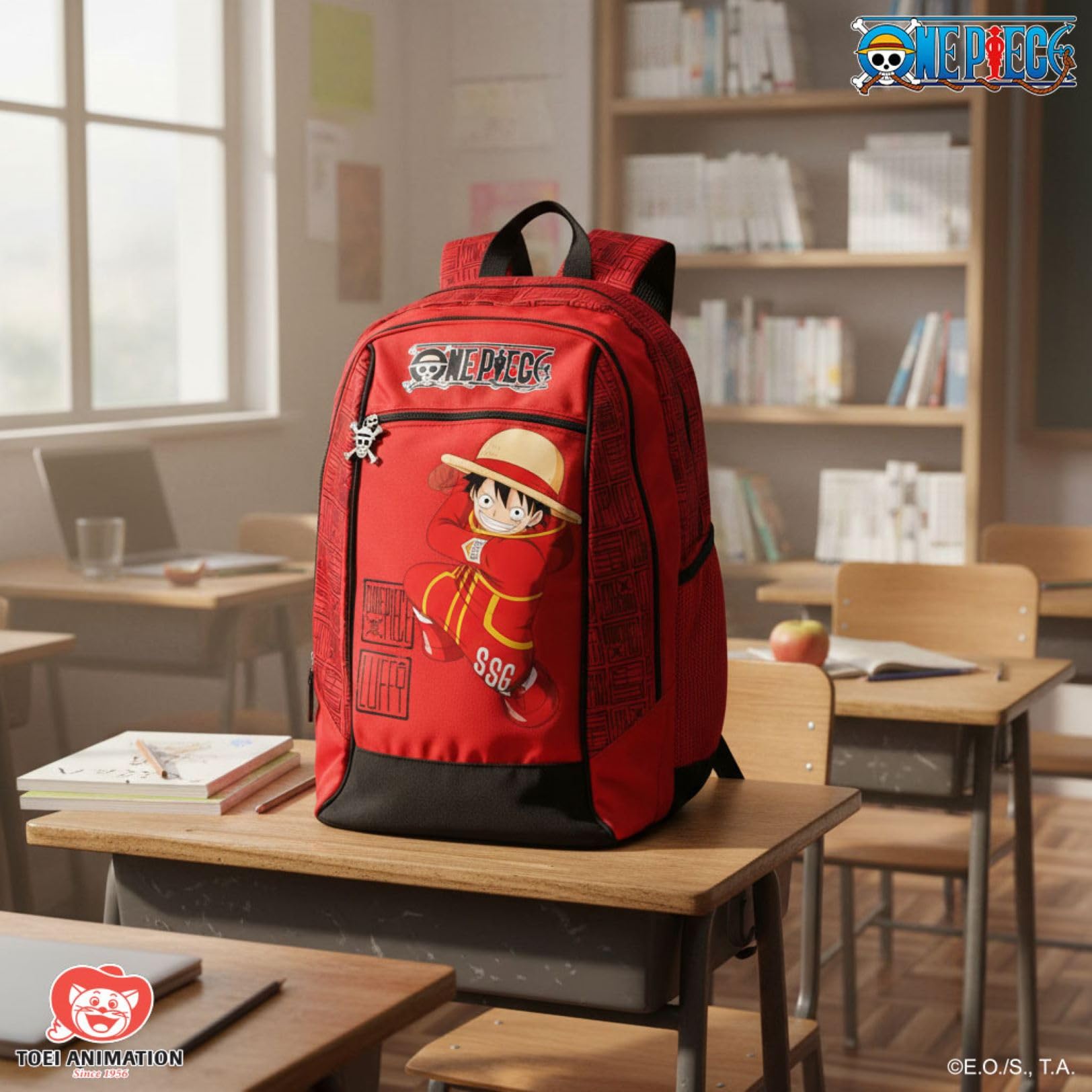 ONE PIECE - Zaino Scuola Ufficiale One Piece, con 2 Ampi Scomparti, Tasca Frontale, 2 Tasche Laterali in Rete, Spallacci Imbottiti, Retro e Fondo Termoformati, Chiusure a Zip, 32x43Hx23cm