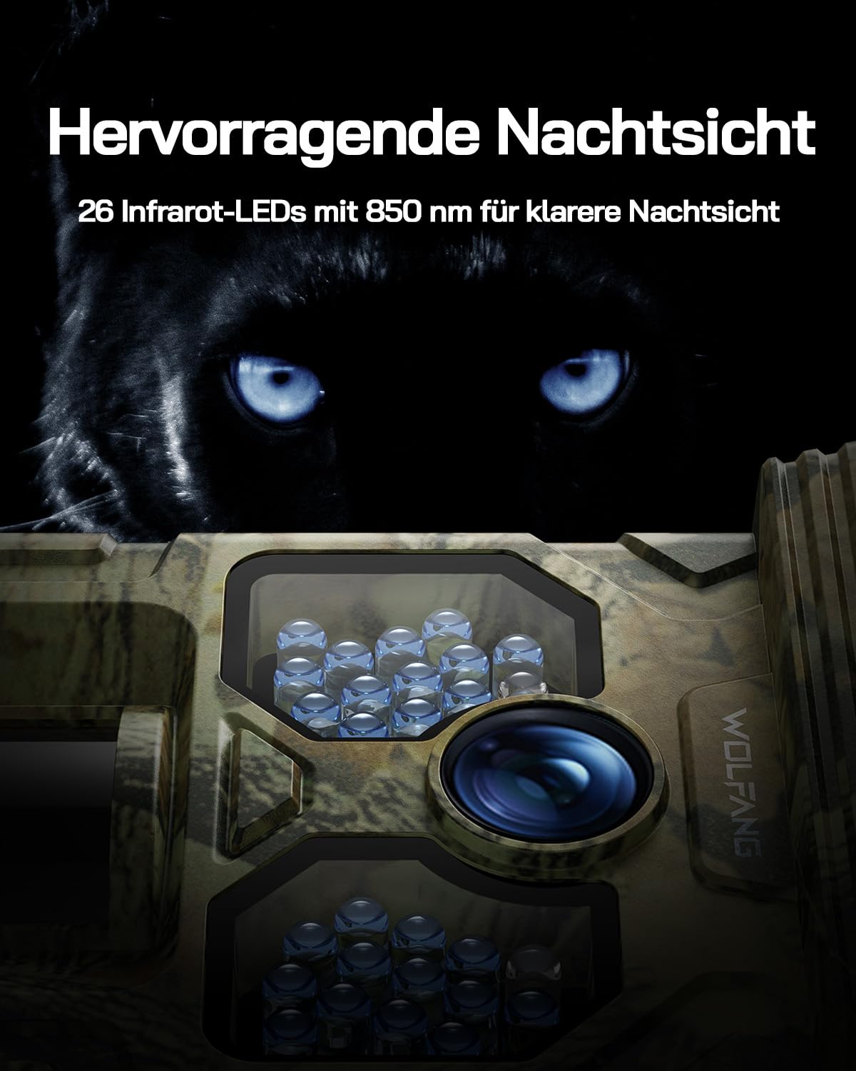 WOLFANG Wildkamera, 4K Solar Video Wildtierkamera, 48MP Full HD-Auflösung Jagdkamera, Nachtsicht, Bewegungssensor, 0.1s Auslösezeit, IP66 Wasserdicht für Wildlife Monitoring