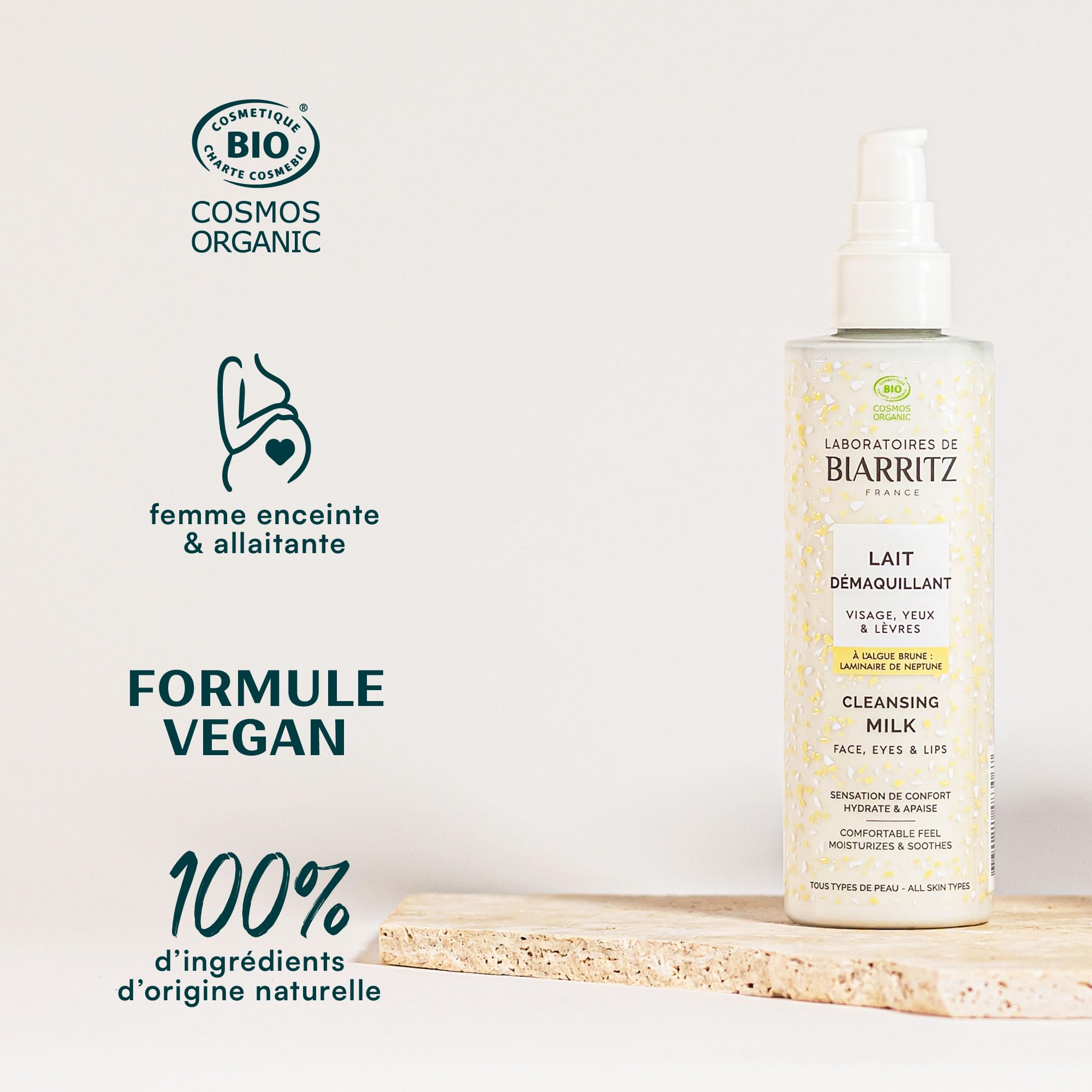 Laboratoires de Biarritz - Lait Démaquillant Visage, Yeux & Lèvres Certifié Bio - Hydrate et Apaise - Sensation de Confort - 200 ml - Fabriqué en France