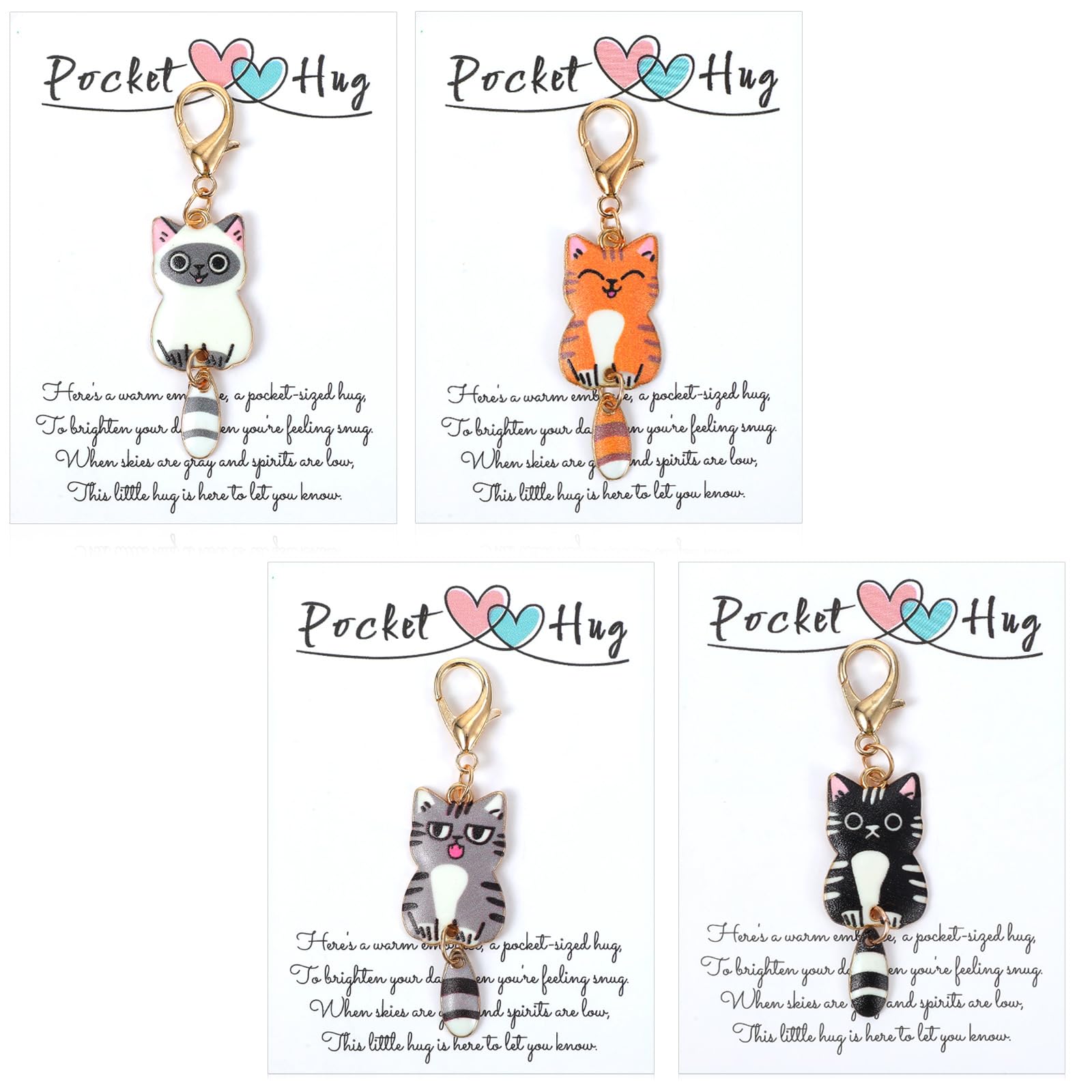 4 Sets Cat Pocket Hug Keychain with Motivational Cards, Cute Mini Cat Token, Emotional Support Gifts for Encouragement Anxiety Relief, Inspirational Gifts Pocket Hugs for Friends Family Kids