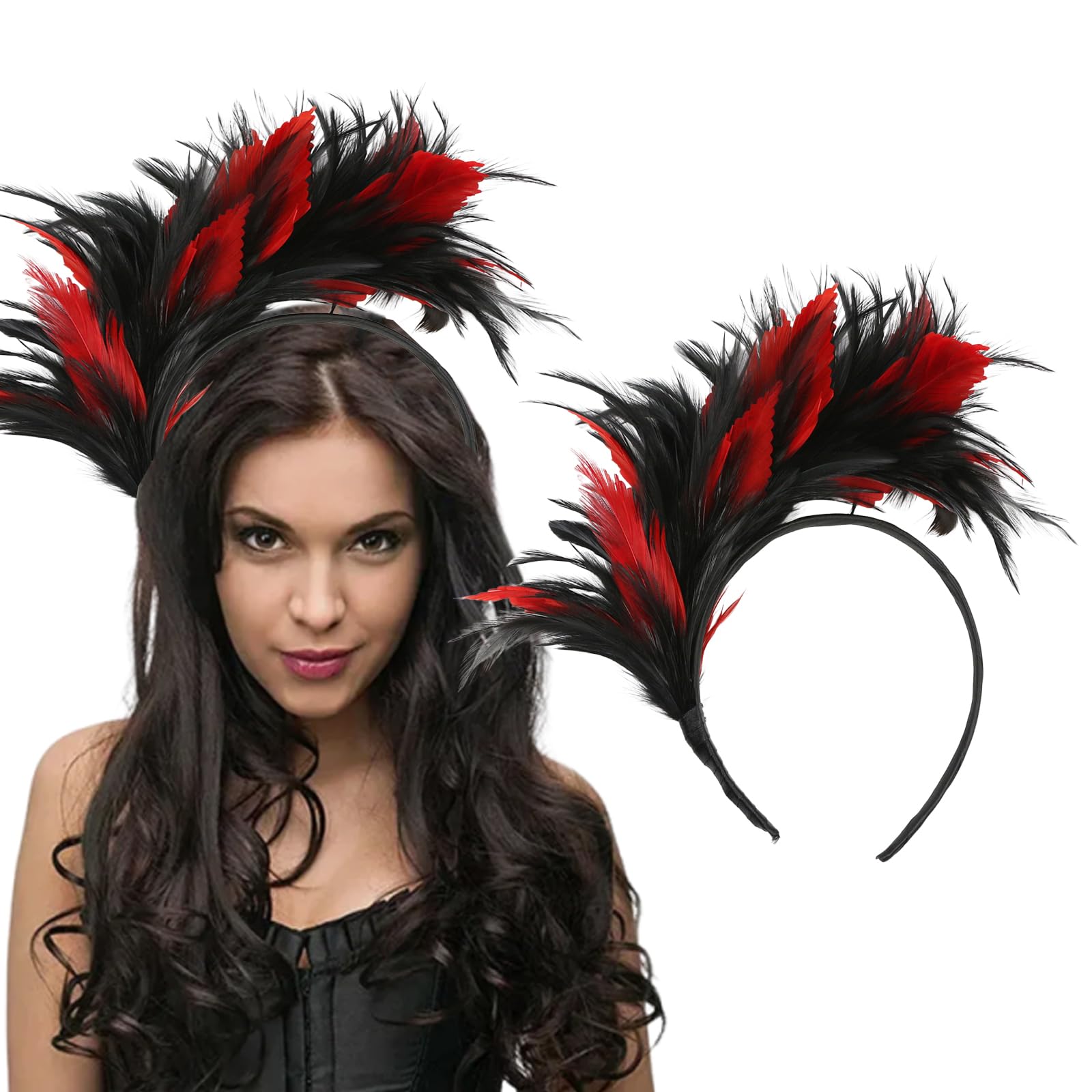 Black Red Feather Headband Fascinator Hats for Women,1920s Headpiece for Women,Halloween Feather Hair Accessories Halloween Costume Wedding Tea Party