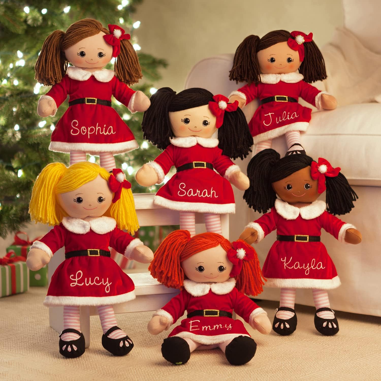 Personalized Planet Rag Doll with Custom Name Embroidered | Blonde Girl Dressed in Santa Skirt with Stripped Stockings | Yellow Hair with Removable Red Velvet Bow Clip with Snowball Accent