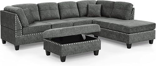 Miniatura 4 de Juegos de muebles de sala de estar, sofá seccional con otomana de almacenamiento, 2 almohadas en forma de L y diván reversible extra ancho, sofá