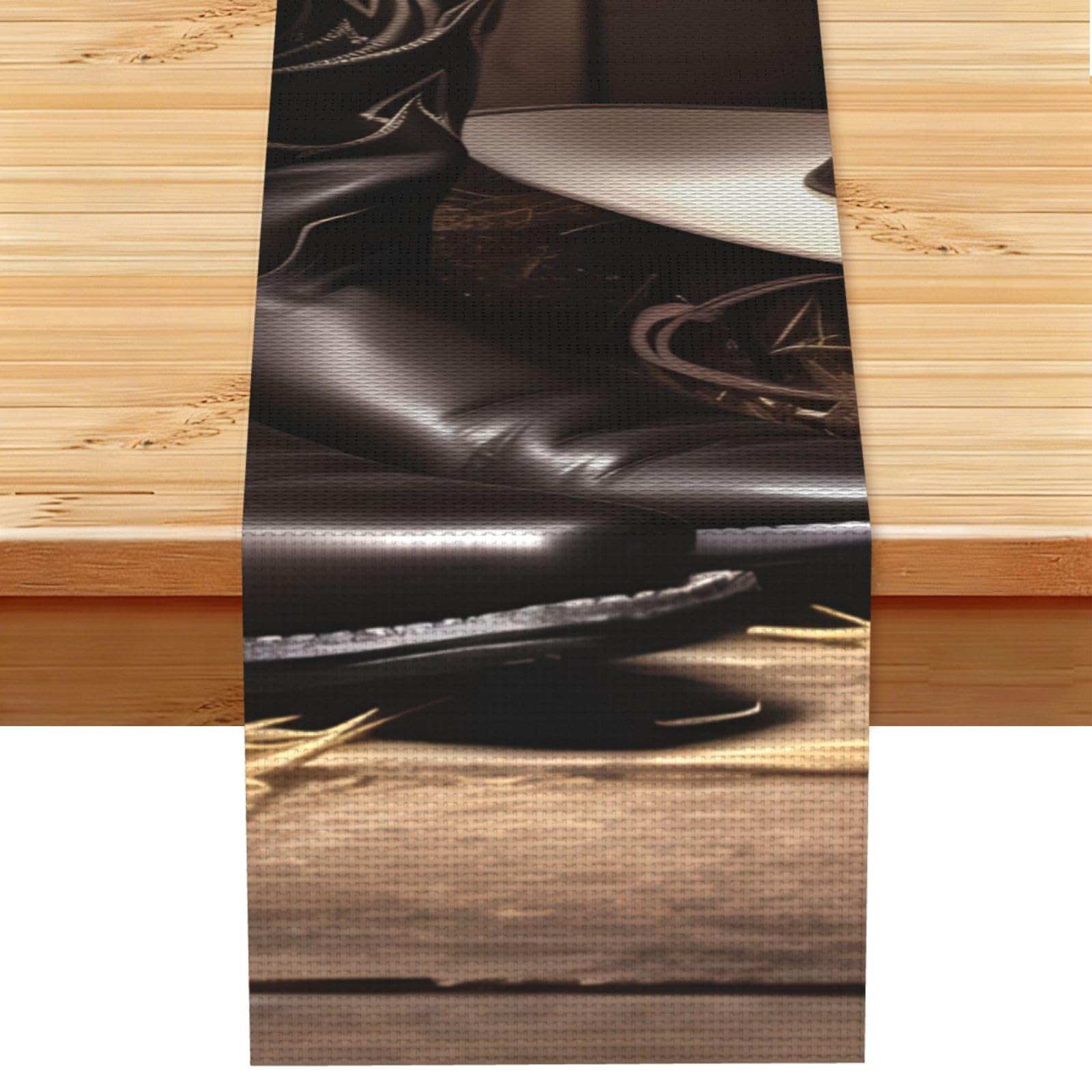 Cowboy Black Hat Western Boots Table Runner 13 x 72 Inches Long, Cotton Linen Table Runners for Kitchen Dining Table Decoration - Washable Tablecloth Modern Tablerunner for Home Party Decor