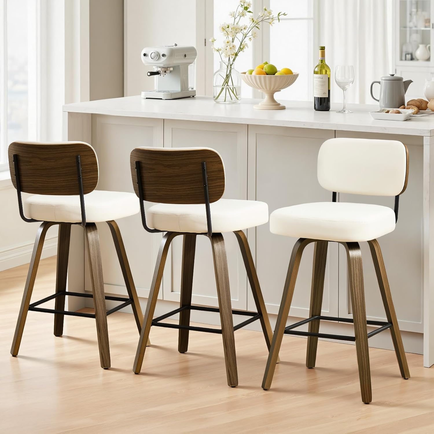 26" Counter Height Swivel Bar Stools Set of 3, Upholstered Bar Chairs with Back and Faux Leather Seat, Mid-Century Modern Counter Stools with Walnut Bentwood Leg for Kitchen Island, Cream