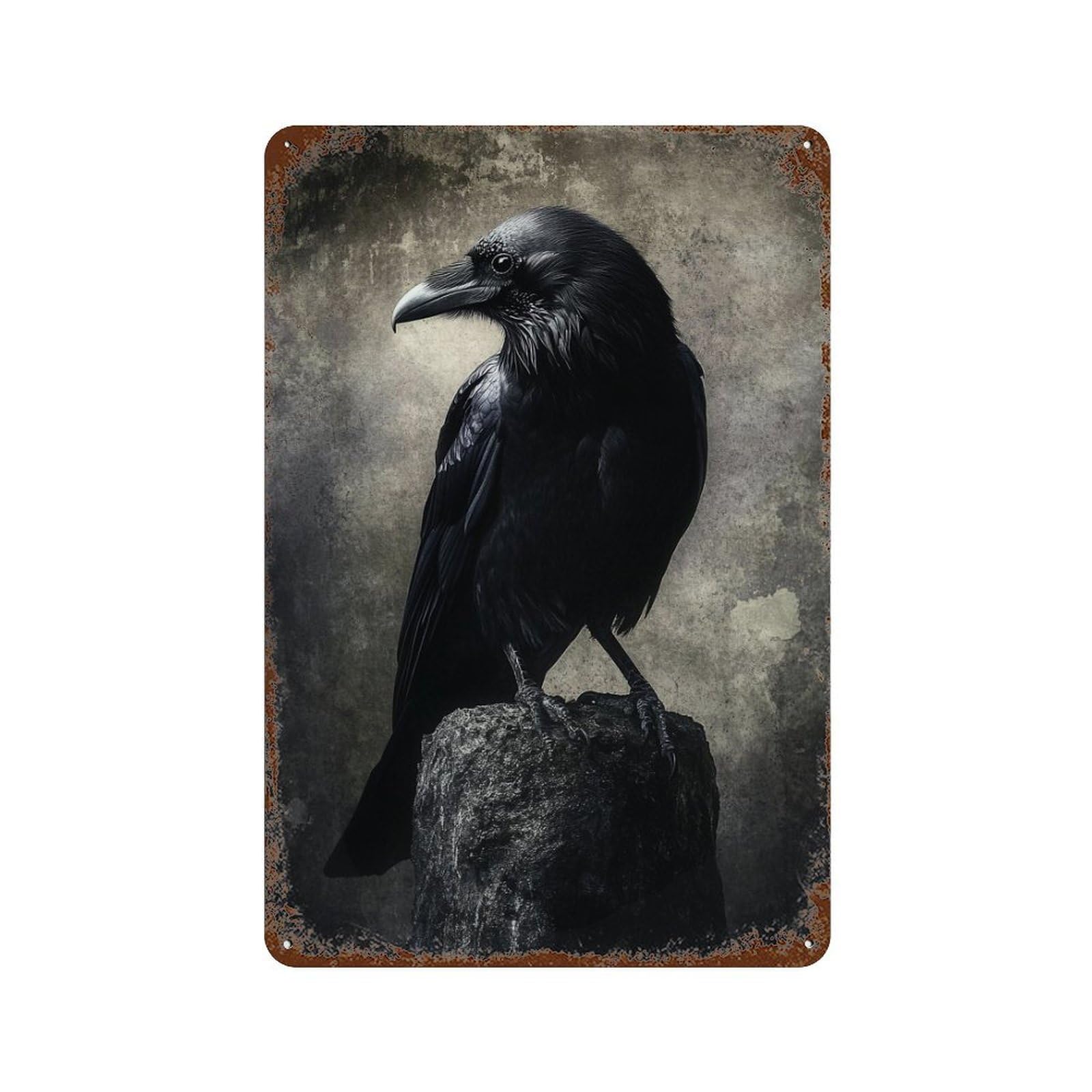 Dark Raven Perched on Rock Rust Effect Tin Sign 11.8"x7.9", Decorative Metal Wall Art for Living Room, Hallway And Home Decor