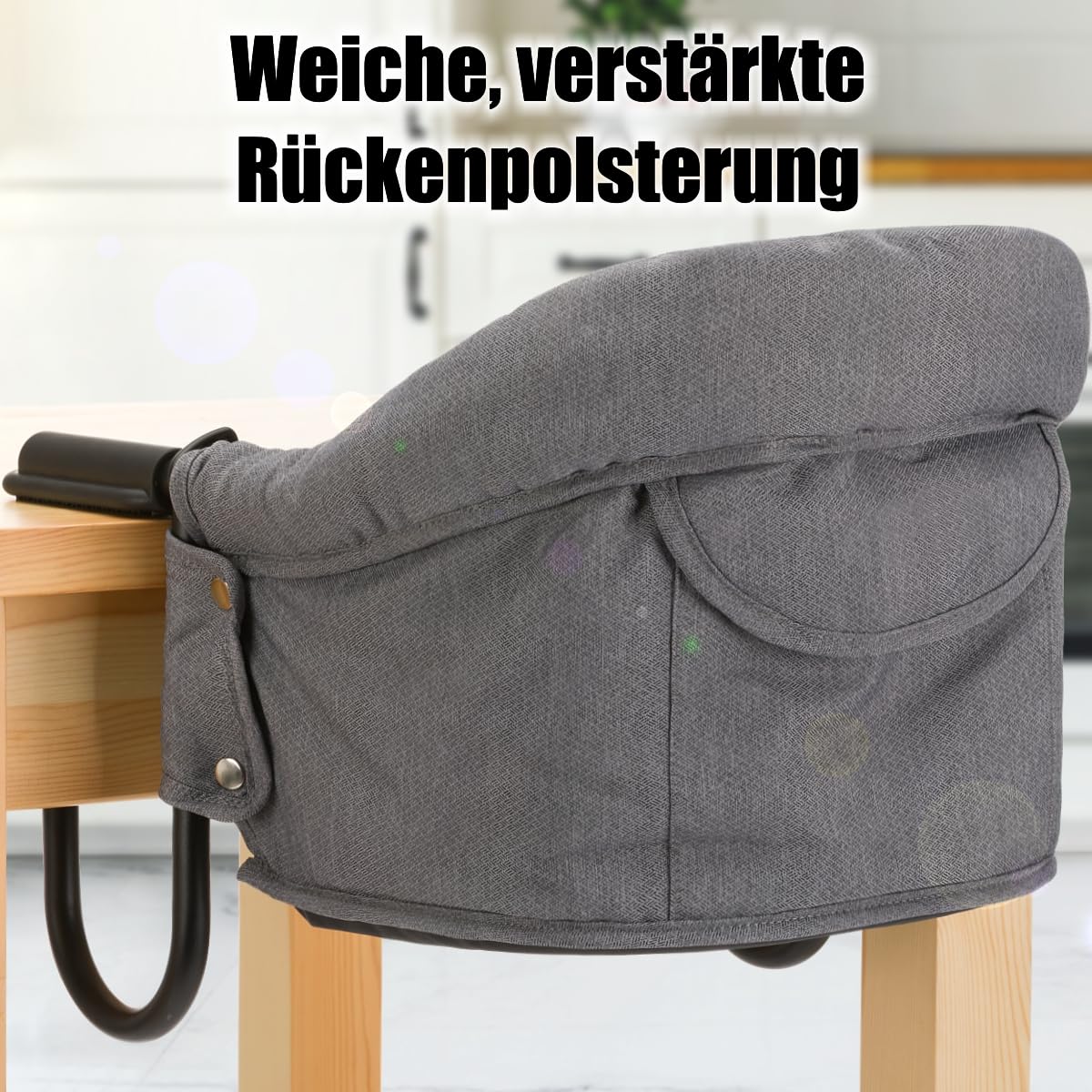Faltbarer Tischsitz Hochstuhl Stuhlsitz bis 15kg praktisch für Zuhause und Unterwegs (Grau)