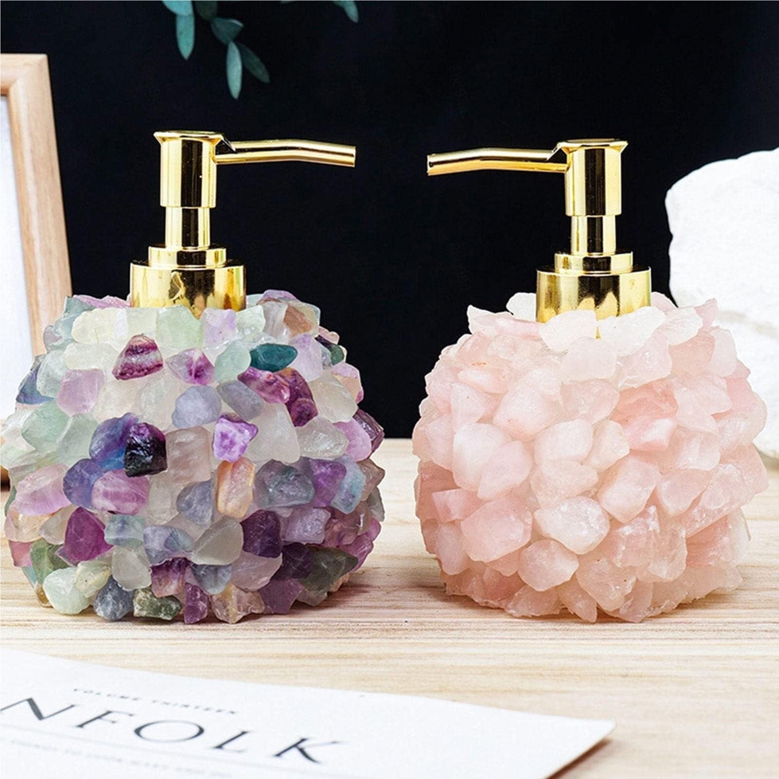 Dispensador De Jabón De Cristal Natural – Cuarzo Rosa/Fluorita