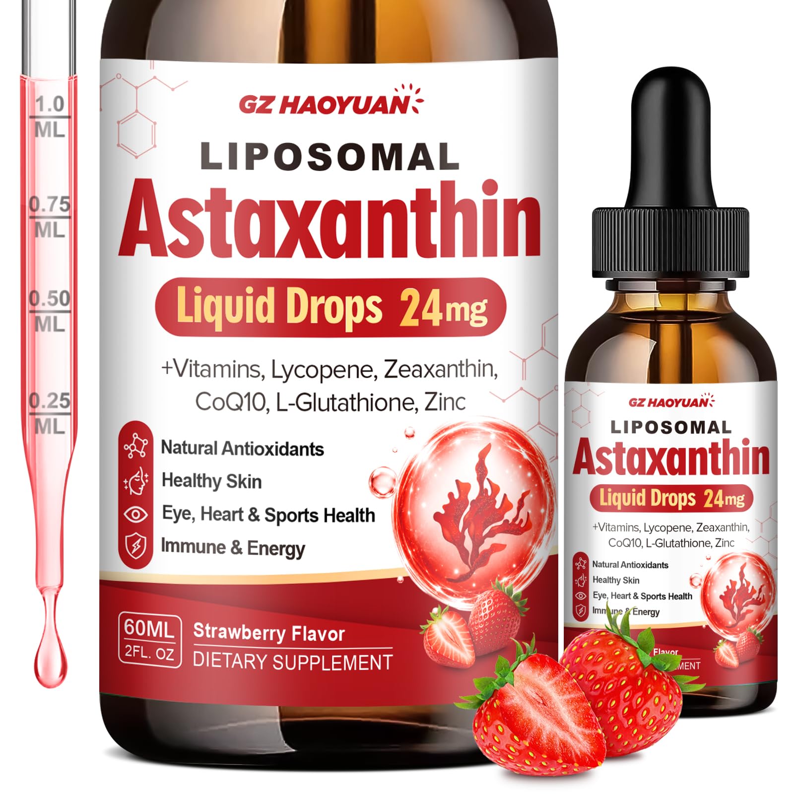Liposomal Astaxanthin 24mg Liquid Drops, 21-in-1 Antioxidant Supplement - Haematococcus Pluvialis with L-Glutathione, CoQ10, Resveratrol & Lutein,Strawberry Flavor, 2 OZ