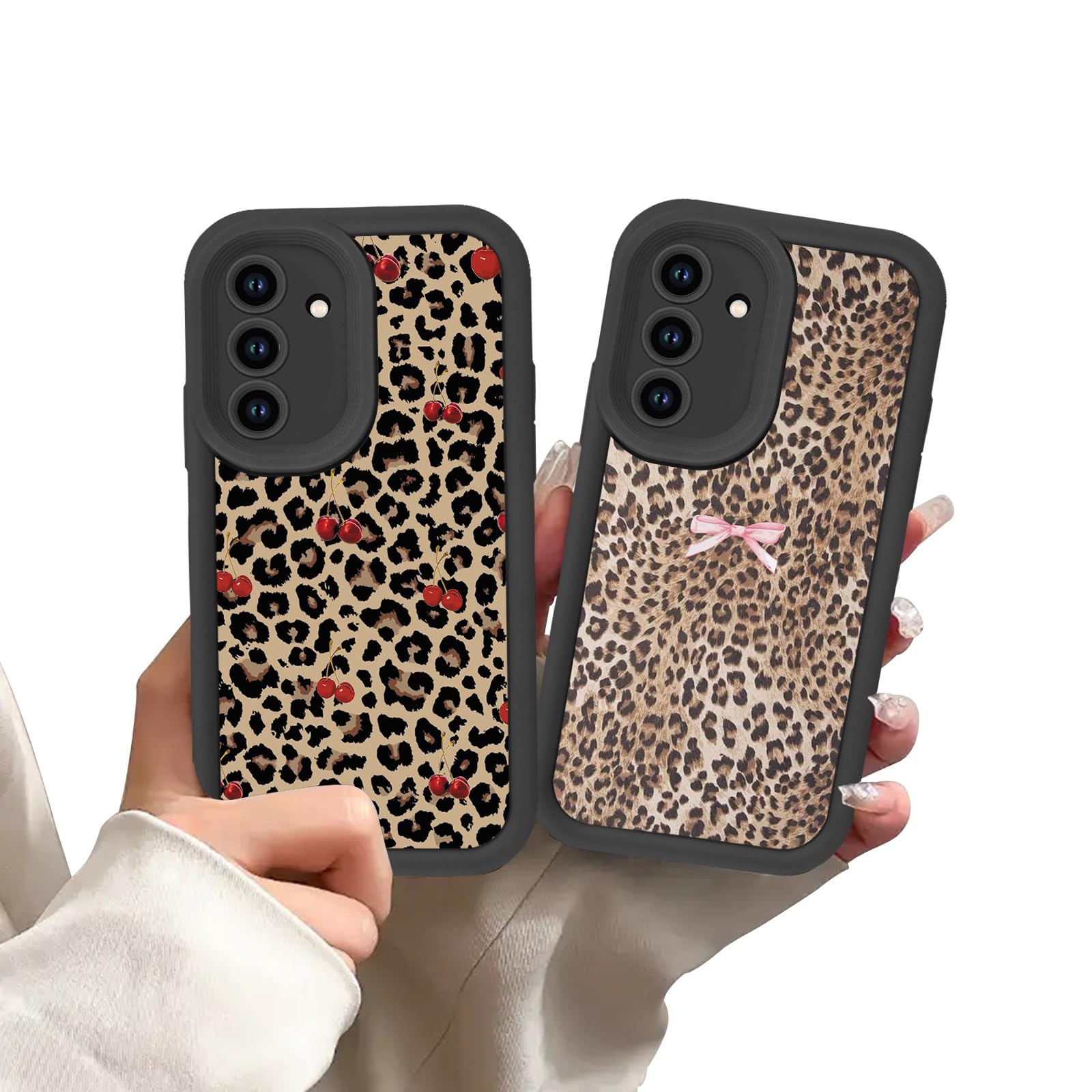 Zrutru 2 Pack Black Cheetah Print Phone Cases for Samsung Galaxy A15 5G Cherry Bow Leopard Case,TPU Bumper Shockproof Funda for Women Girls Drop