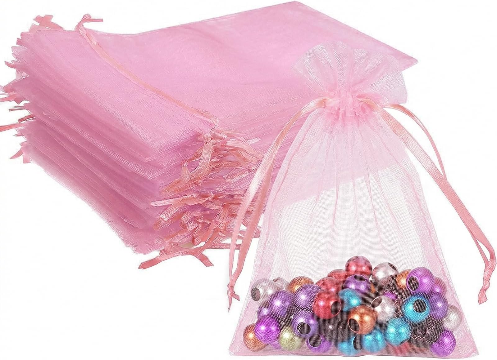 Wudygirl 100pcs Sheer Pink 5''X7 Organza Bags with Drawstring Jewelry Lipstick Pouches Baby Shower Party Wedding Favors Chocolate Candy Bags (Pink 5x7)