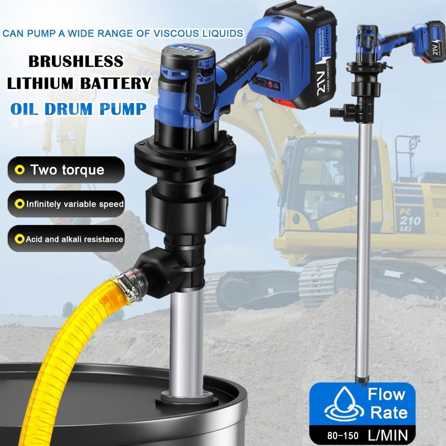 Bomba eléctrica para bidones 80-150 l/min Velocidad ajustable Longitud del tubo 92 cm Succión de alto caudal, para diésel/queroseno/fluidos hidráulicos/aceite comestible Aluminum-tube