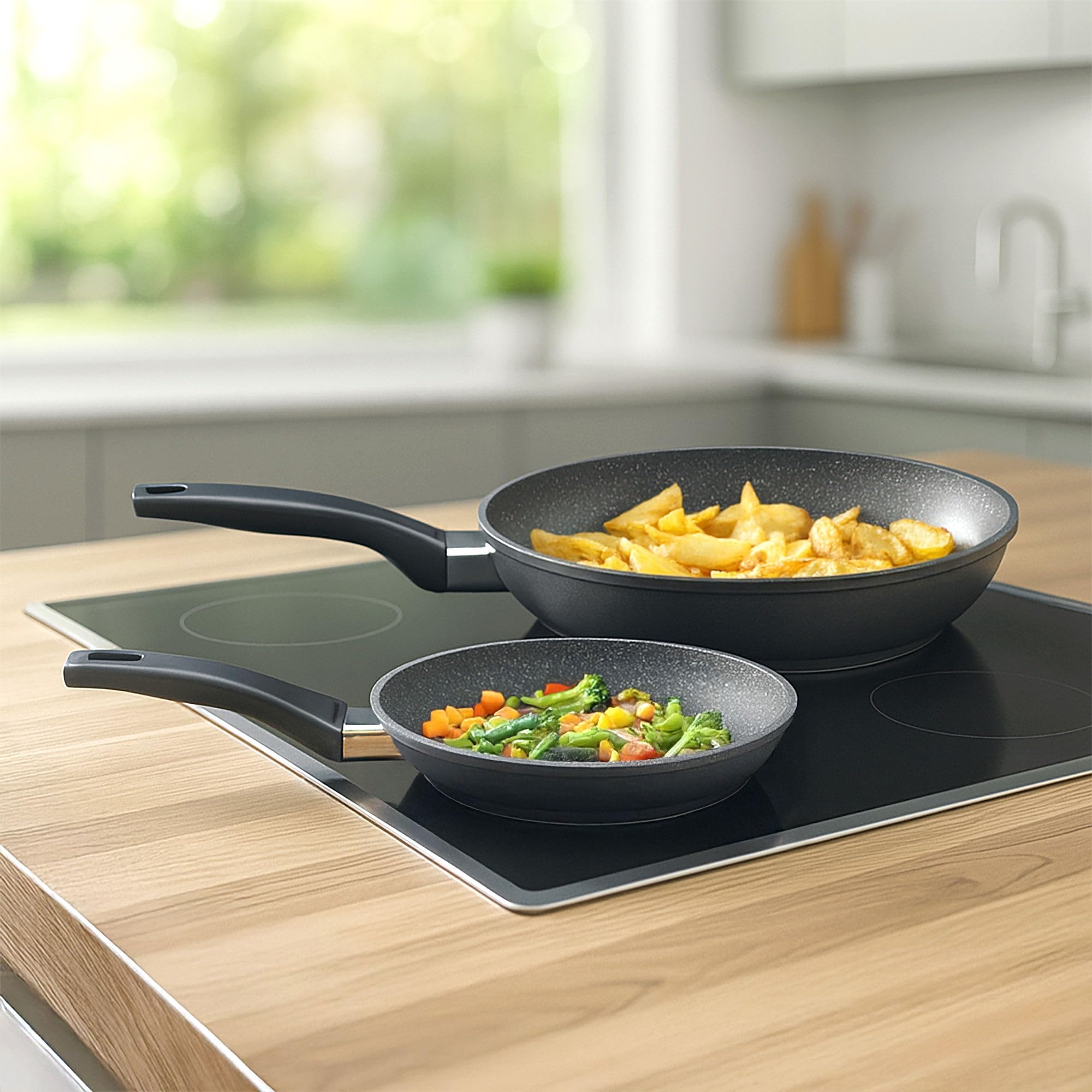 STONELINE Poêles, Set de 2, 20/28 cm, Revêtement Antiadhésif avec de vraies particules de pierre, compatible à l'induction et au four, gris, cuire sans huile et graisse