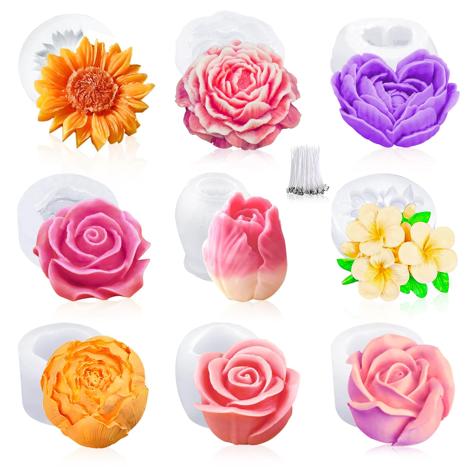 MGLIFEUL 9PCS 3D Flower Candle Making Molds Moldes de Silicona para Velas