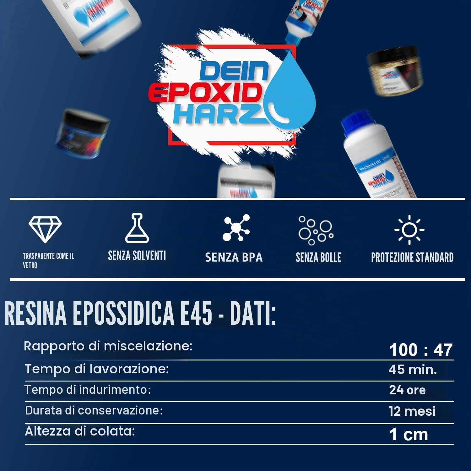 Resina Epossidica Transparente 4,5kg Bicomponente A+B | Transparente Effetto Acqua per creazioni trasparente | Resina per gioielli + Guanti di protezione, comprese le istruzioni italiane