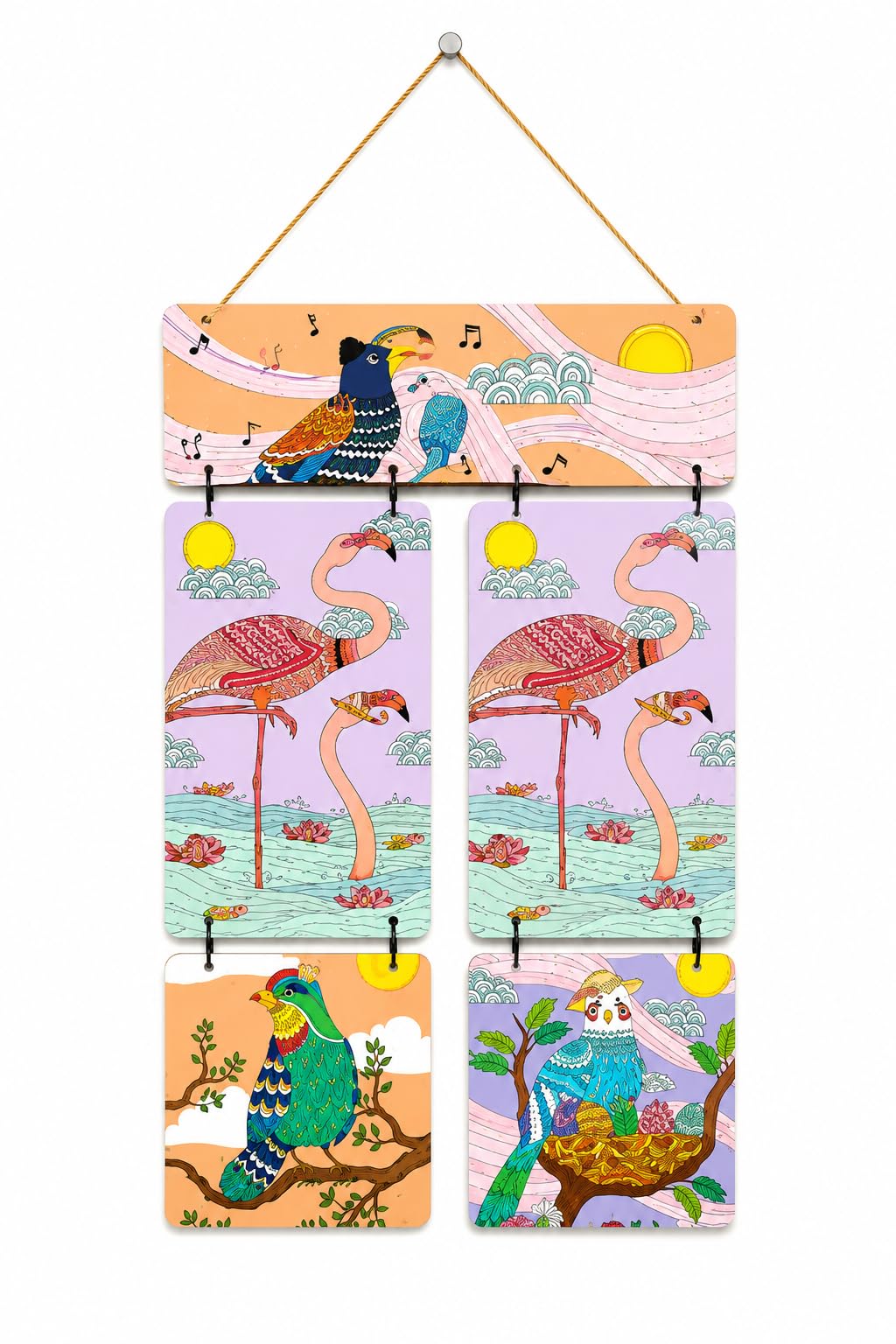 KALAM INNOVATIONS Colorful Bird Art Wall Hanging, 5-Panel Set, 30x45 cm | Flamingo & Bird Motifs, Rope Hanger Included, Vibrant Indian Art Style, Interlinking Panels, Home Decor-image-2