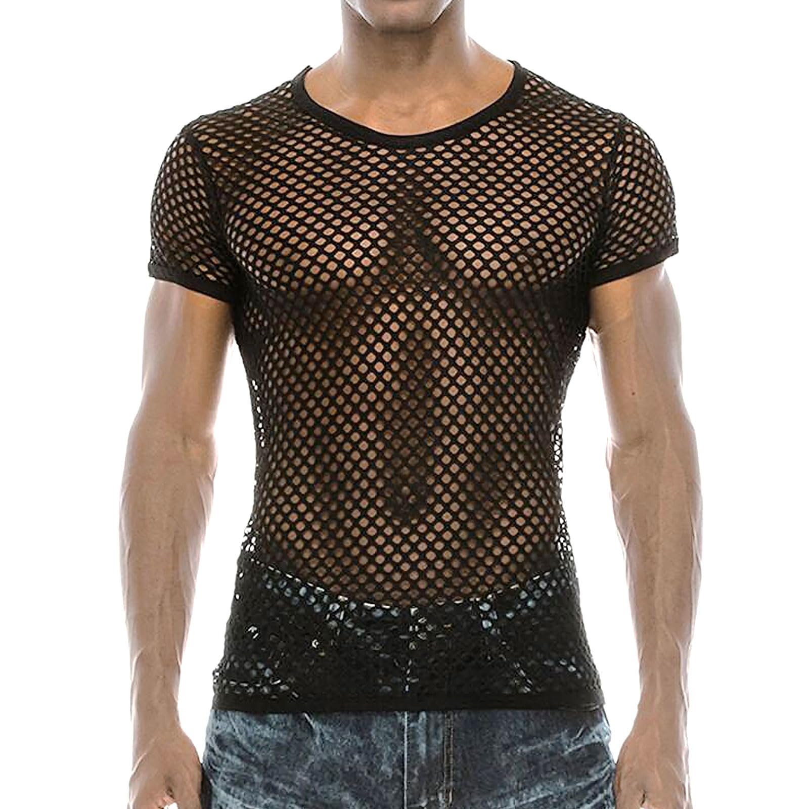 Men's Mesh Fishnet Short Sleeve T Shirt Fitted Muscle Top Summer Sexy Club Party Crop Tops Crew Neck Tee See Through Tops Fitted Workout See Through Clubwear Tank Top Vest Undershirt (Black)