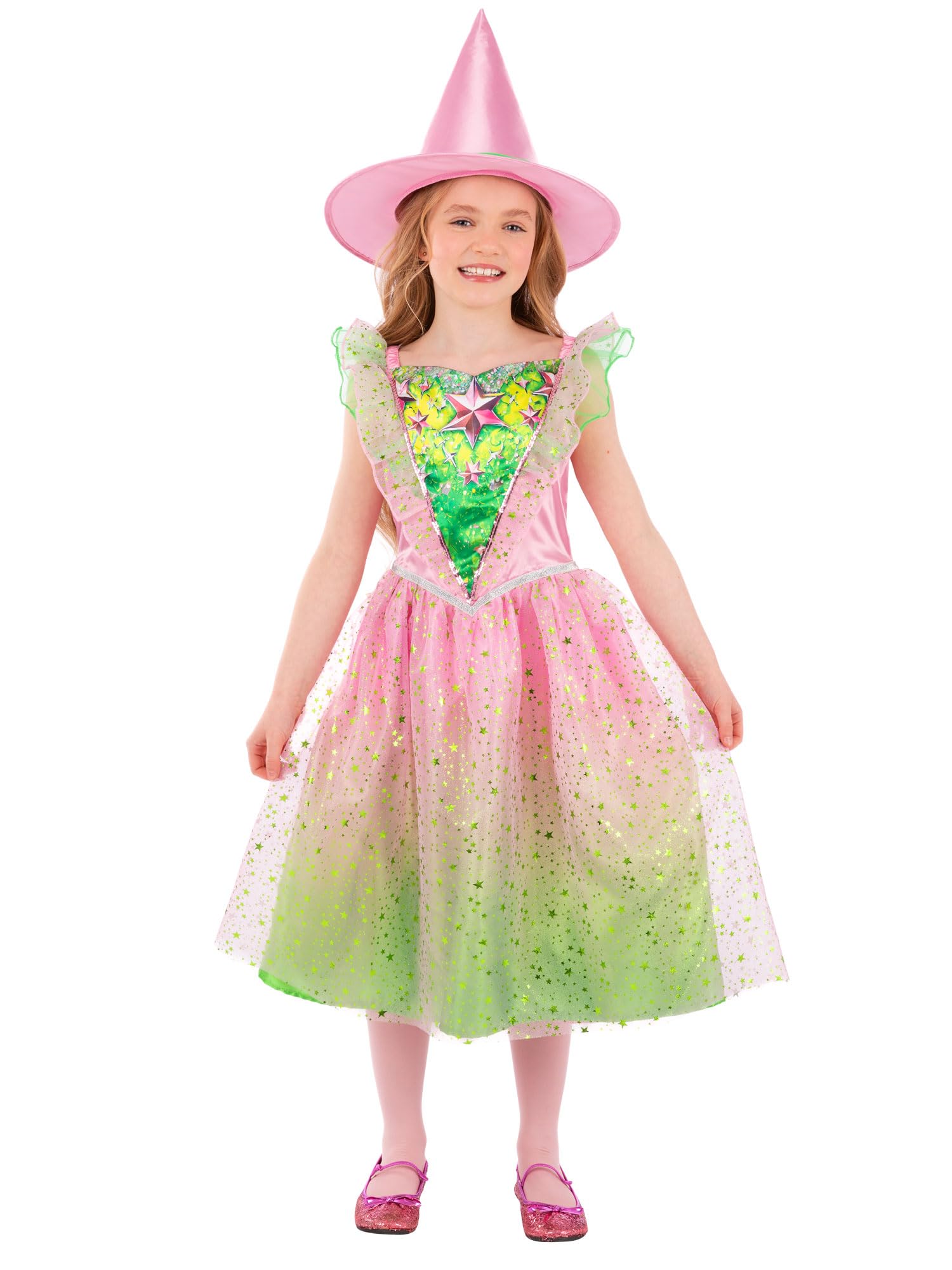 Smiffys Girls Good Witch Costume with Pink and Green Sparkly Dress and Matching Pointed Hat Kids Fancy Dress Outfit for Halloween Parties, Age 7-9